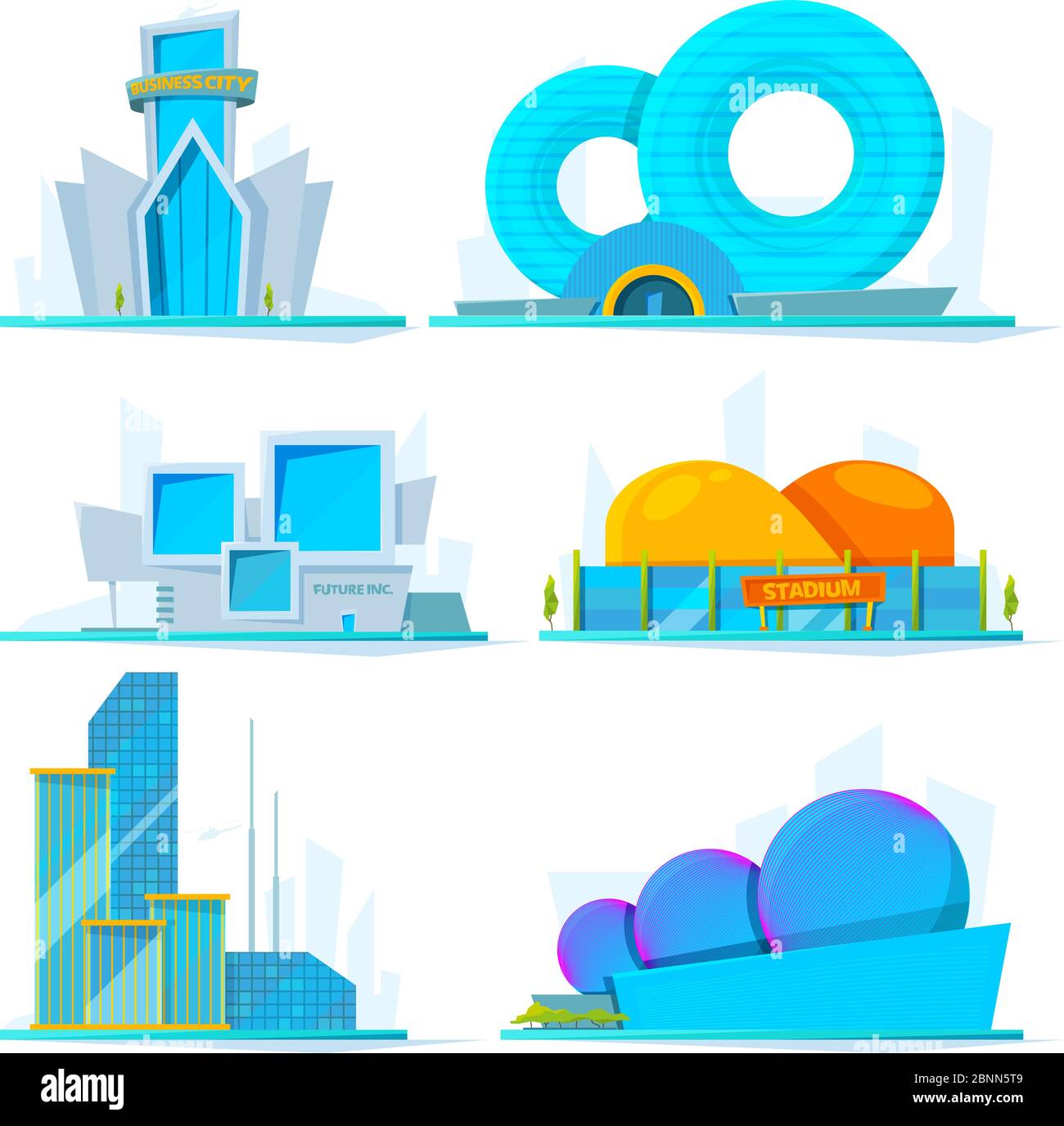 Fantastic buildings of future. Vector cartoon pictures Stock Vector