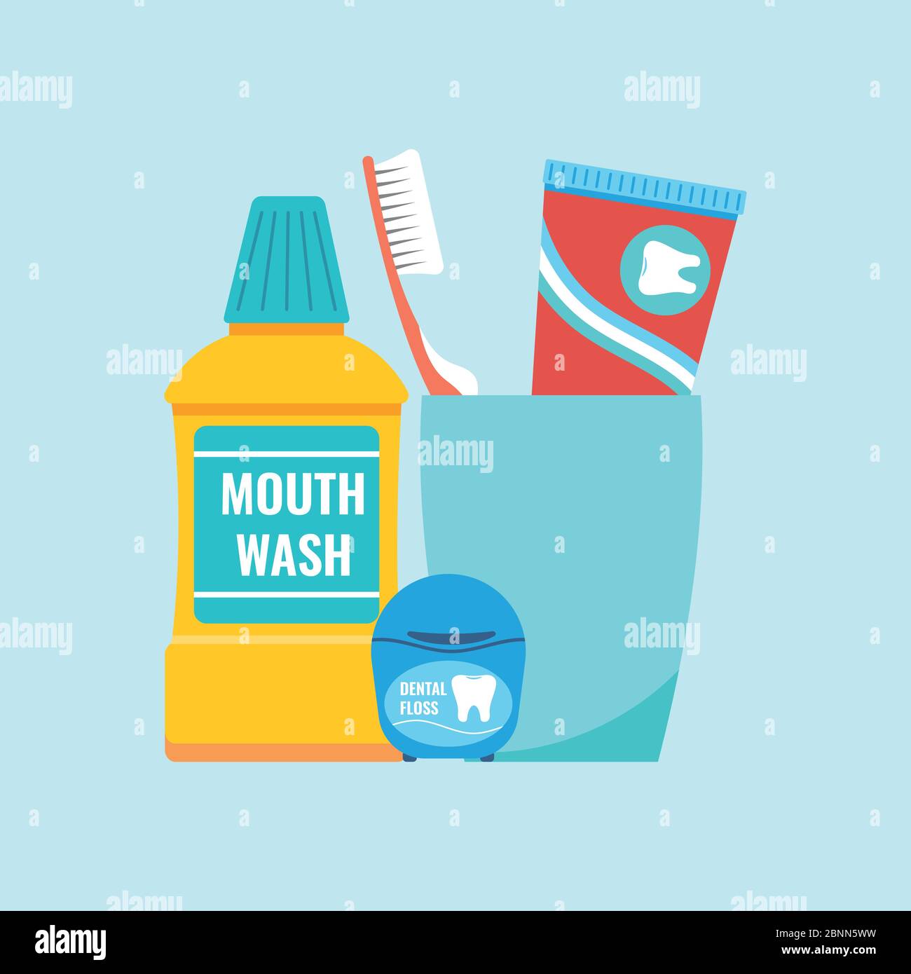 Teeth everyday hygiene tools concept. Stock Vector