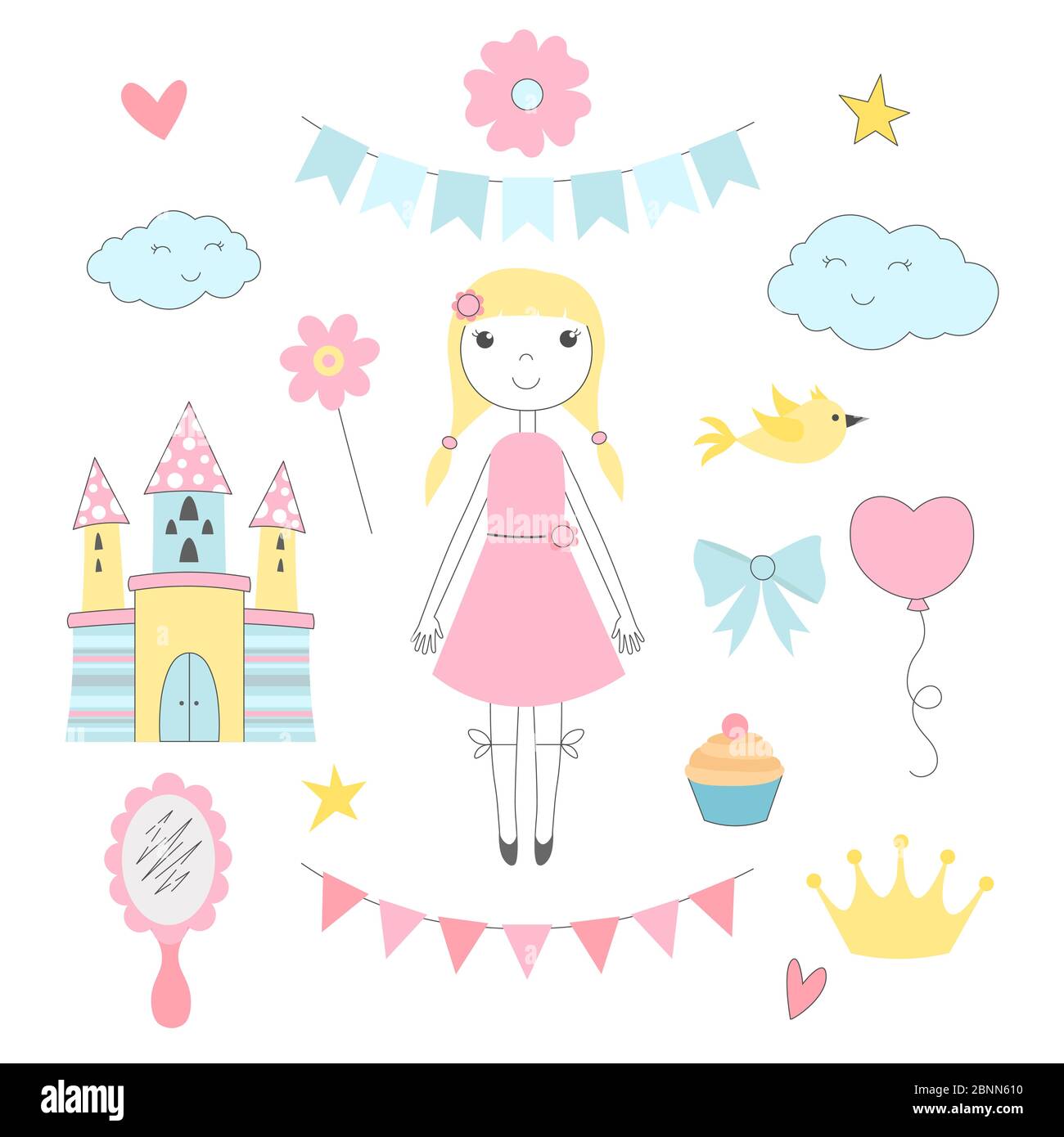 Hand drawn pictures for kids. Princess with her fairy tale castle Stock Vector