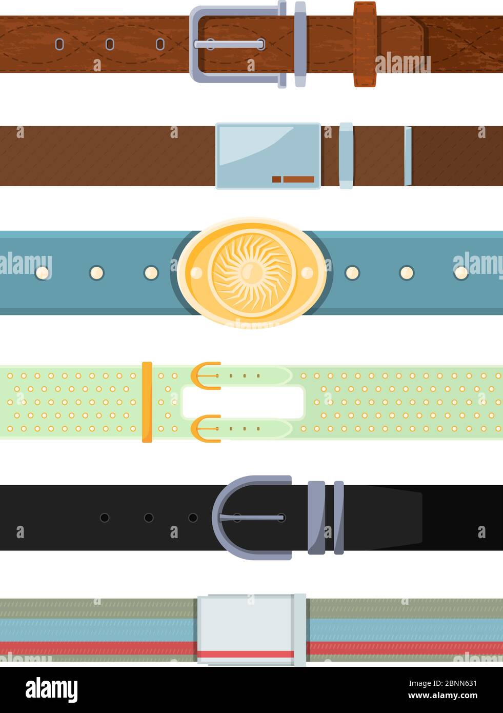 Leather belt. Various cartoon pictures of different types of belts for men Stock Vector