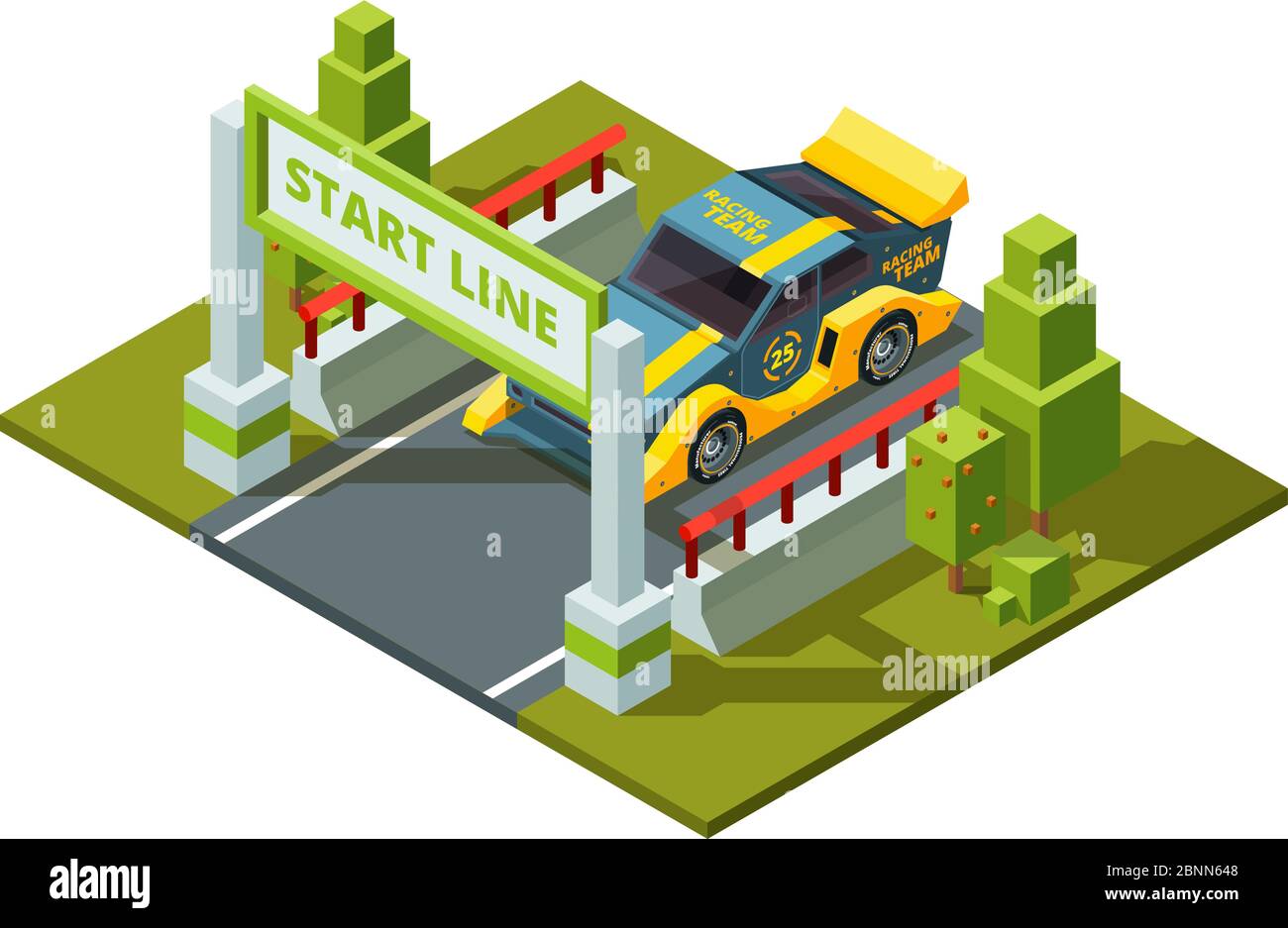 Start race cars. Isometric sport pictures in cartoon style Stock Vector
