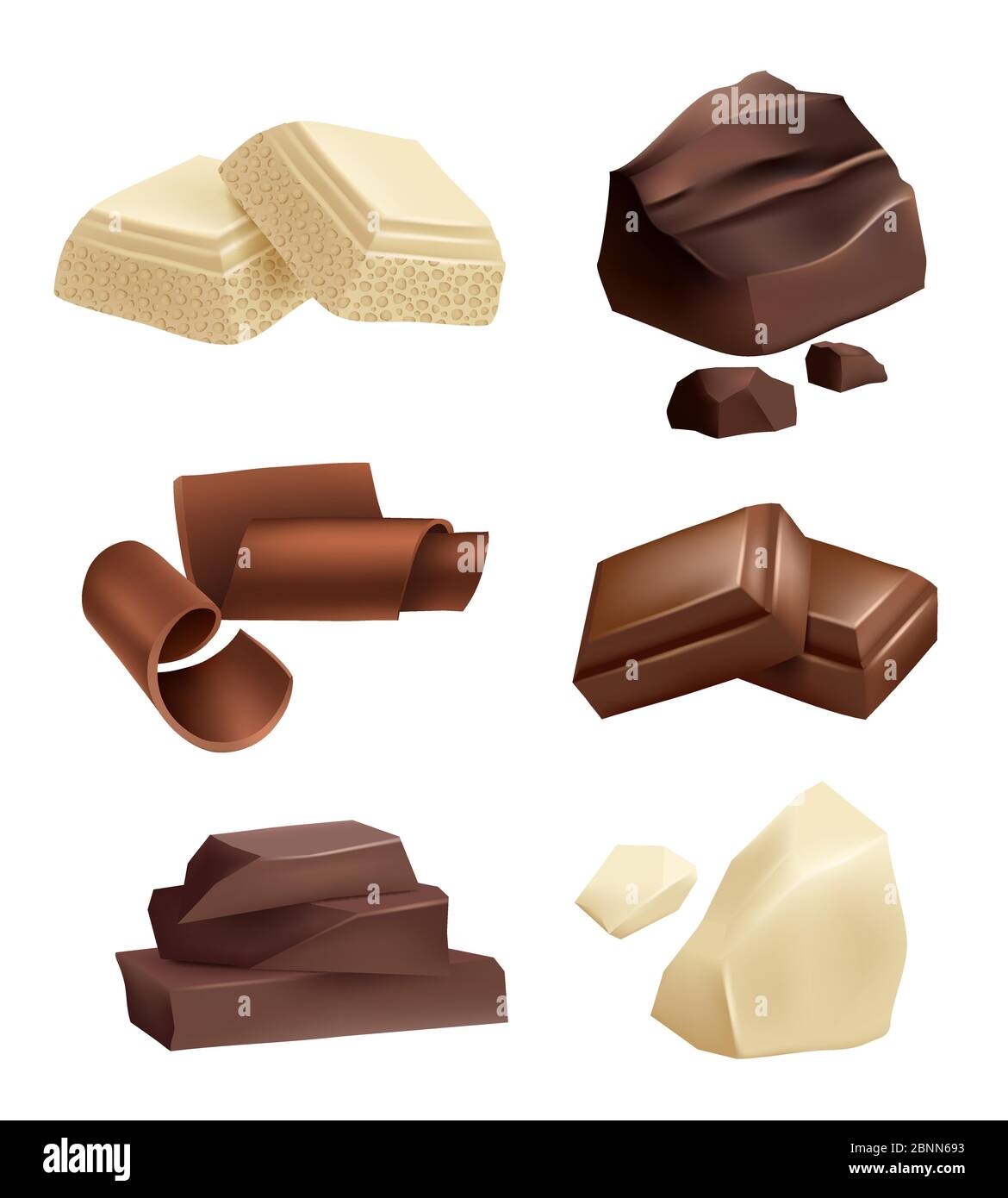 Chocolate icon set. Realistic pictures of chocolate various types Stock Vector