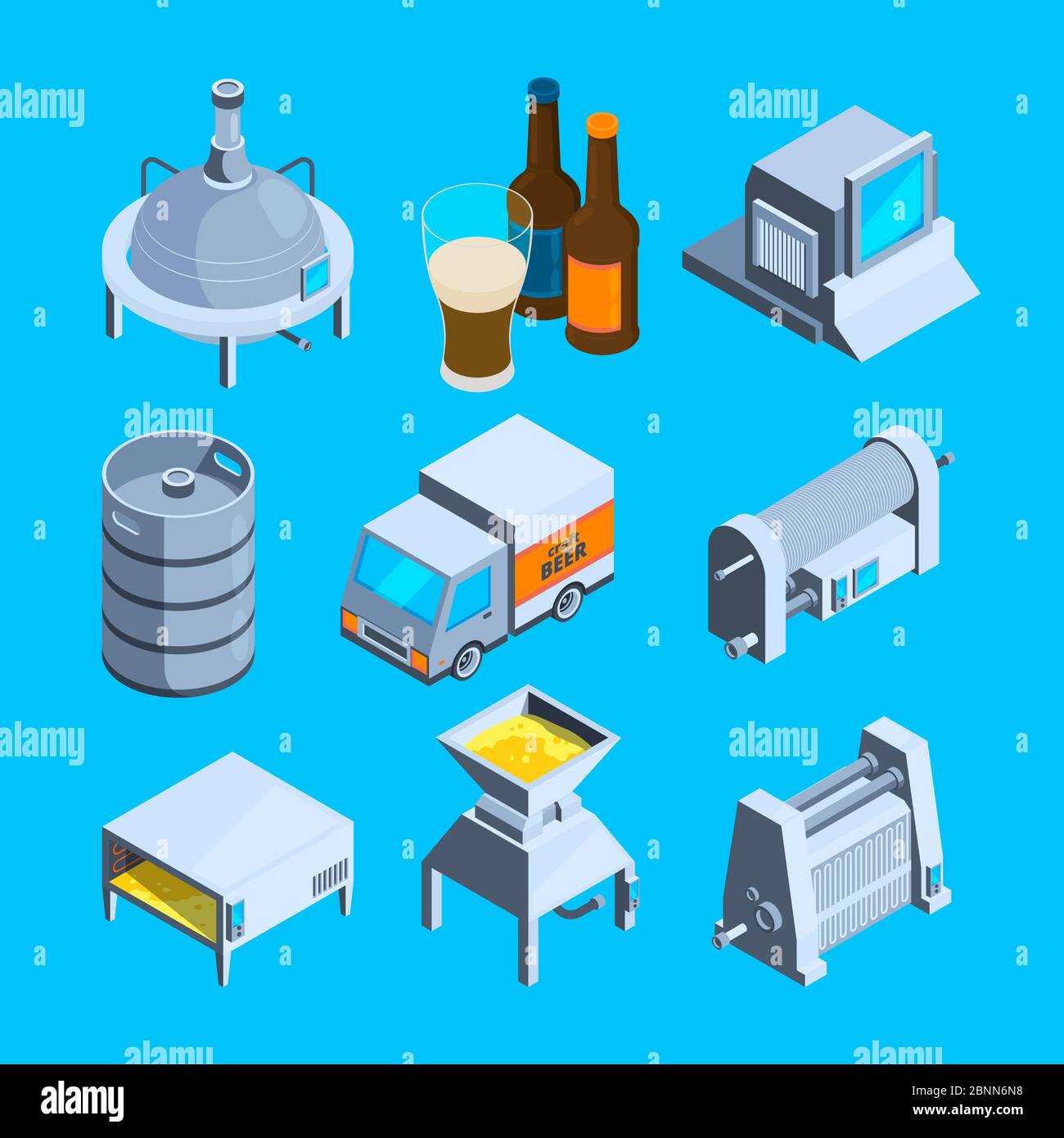 Beer production isometric. Vector tools of brewery Stock Vector