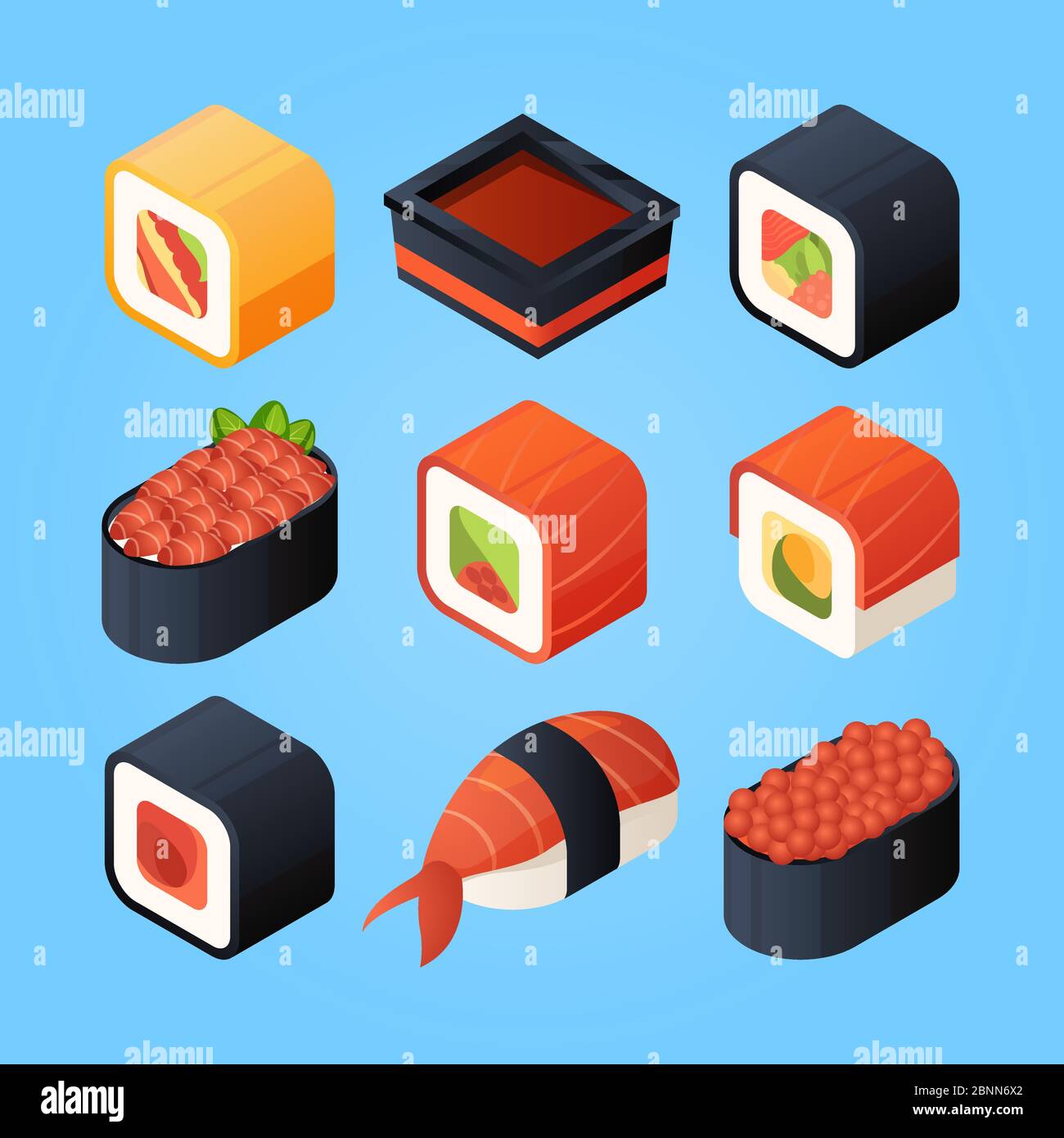 Asian isometric food. Sushi, rolls and other japan food Stock Vector