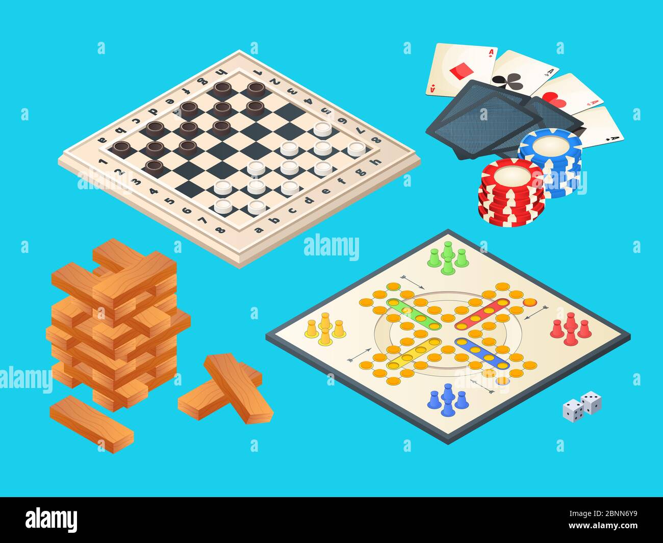 Board games. Vector isometric pictures of various boards games Stock Vector