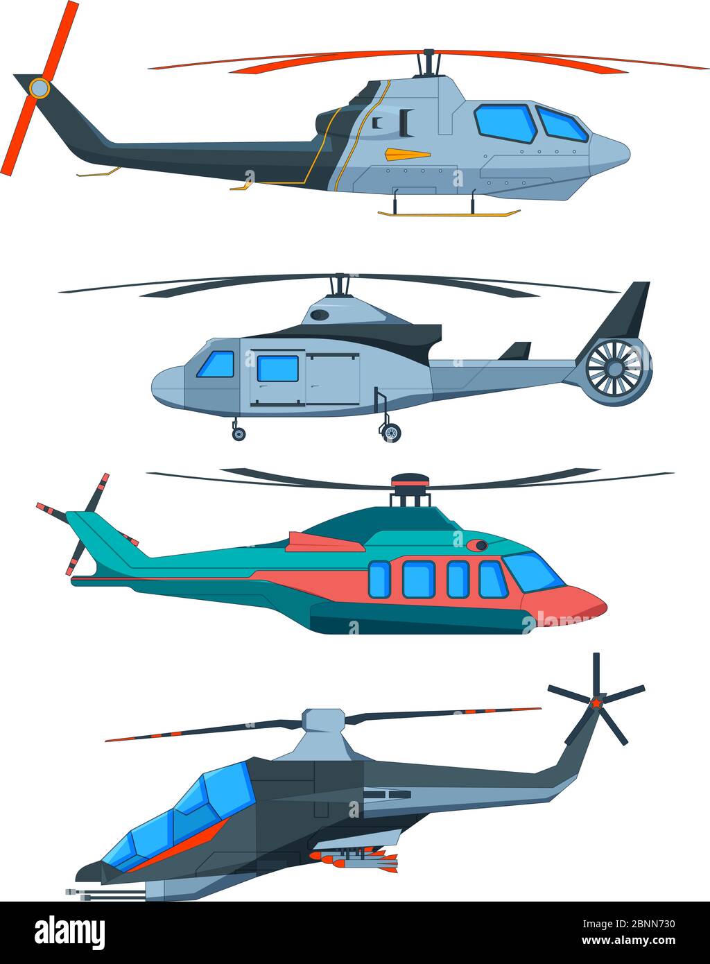 Cartoon avia transport. Various helicopters isolated on white Stock Vector