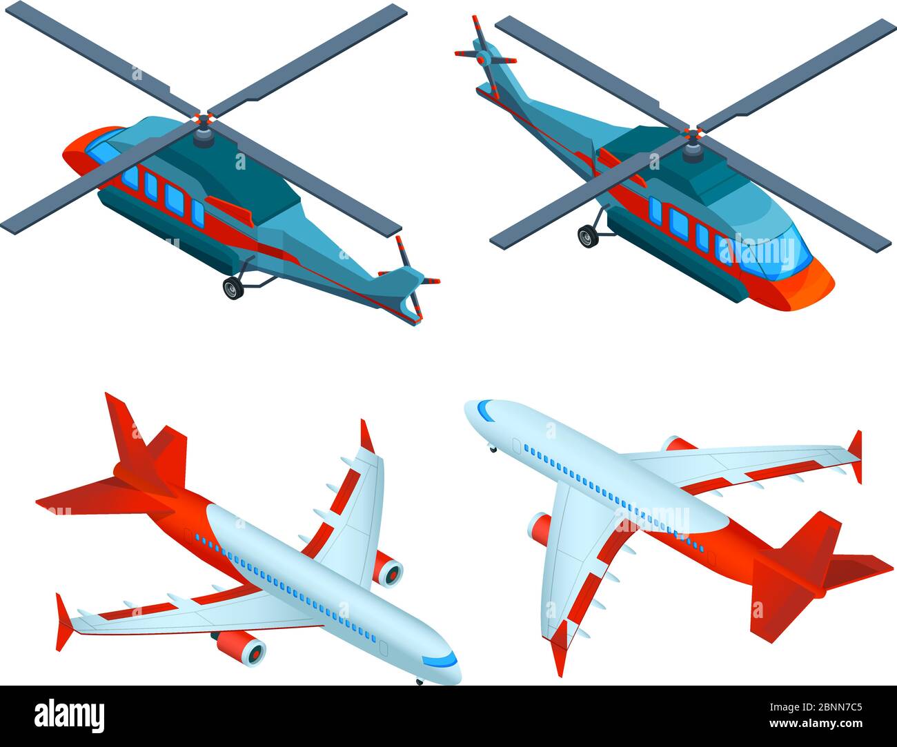 Helicopters isometric. 3d pictures of avia transport. Airplanes and helicopters Stock Vector