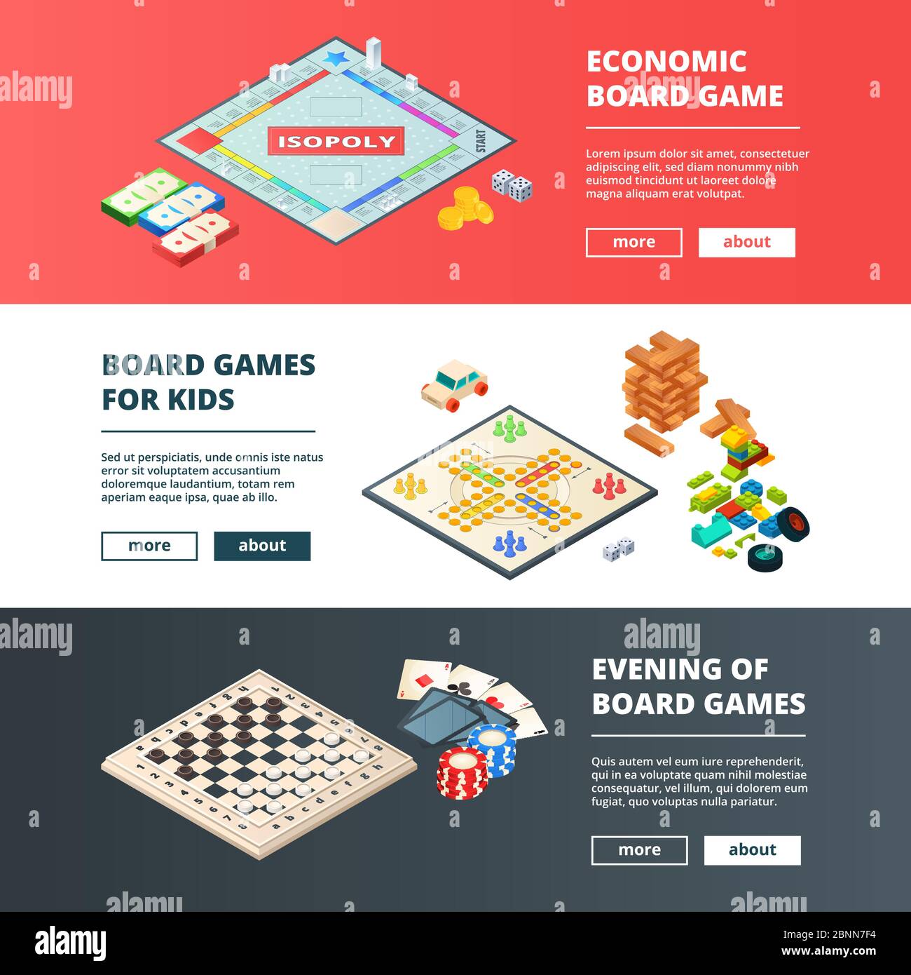 Banners of board games. Vector horizontal banners with various concept pictures of board games Stock Vector