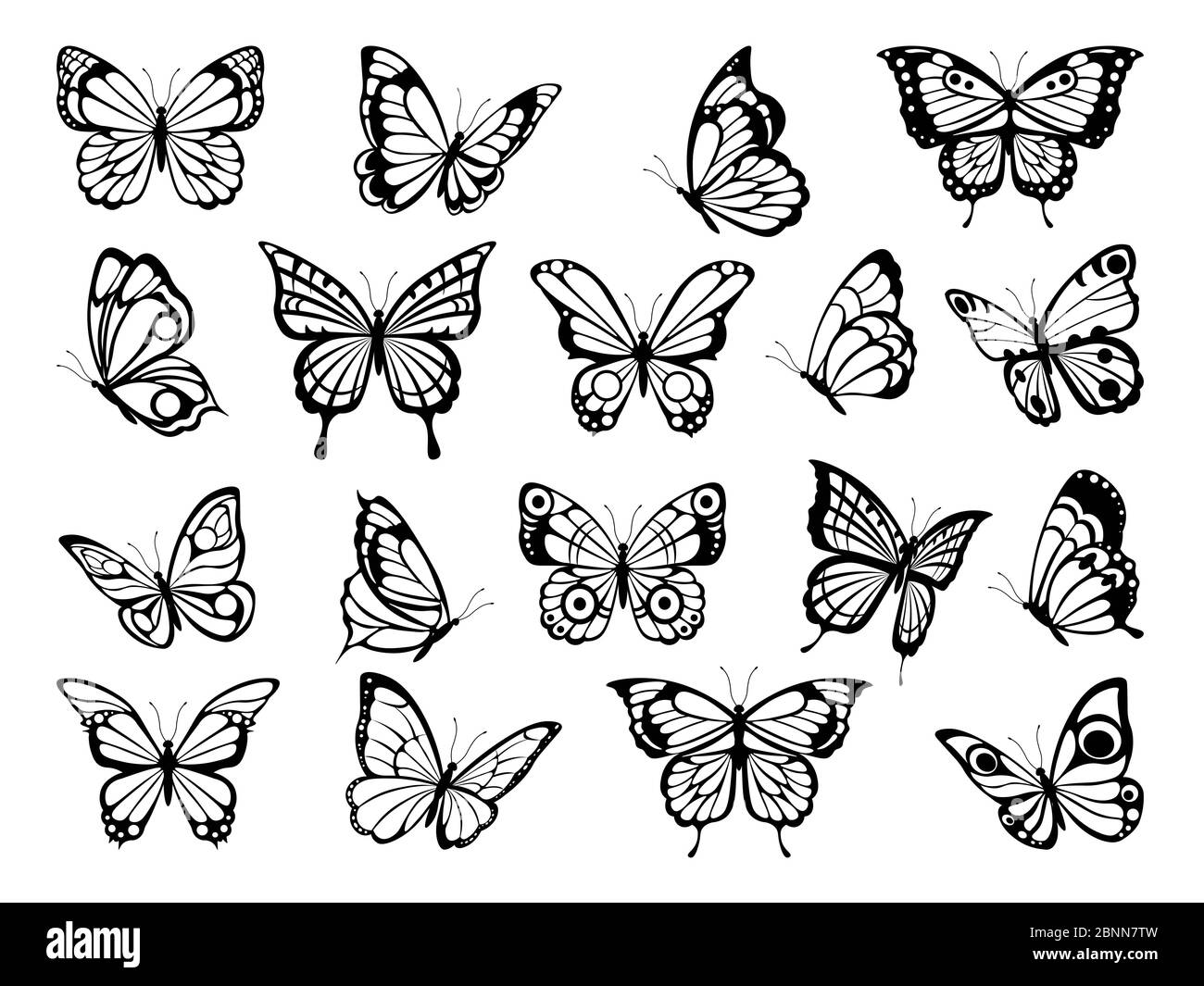 Silhouettes of butterflies. Black pictures of funny butterflies Stock Vector