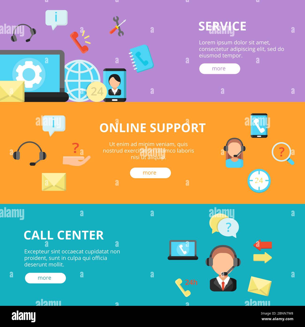 Banners set of call center support. Horizontal banners template with