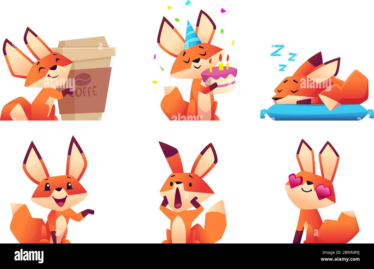 Cute fox character collection. Wild orange animal at forest in various funny pose and emotions vector mascot design Stock Vector
