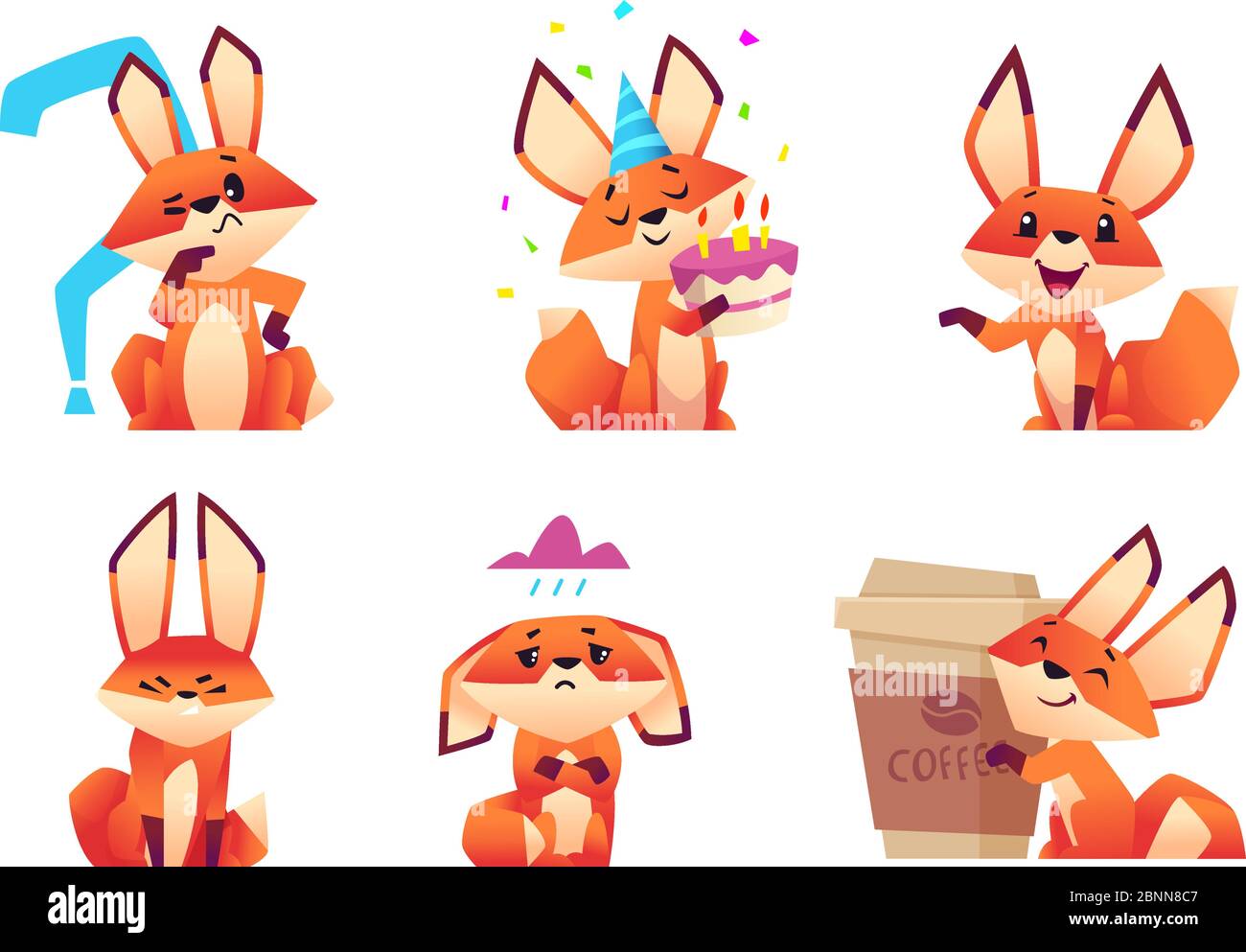 Cartoon fox characters. Orange fluffy wild animals poses and emotions