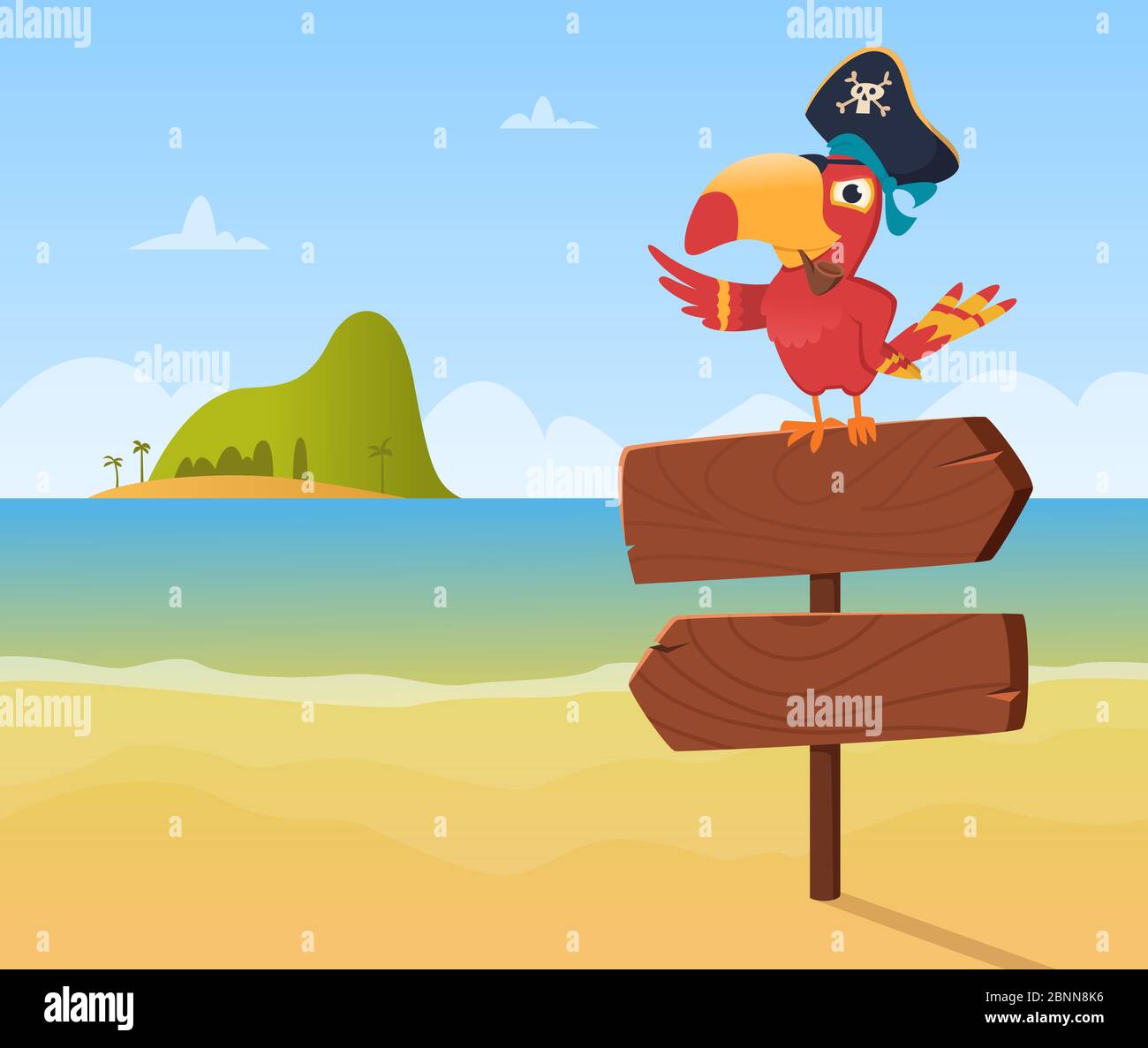 Pirate parrot. Funny colored bird arara sitting on wood sign direction vector background illustration in cartoon style Stock Vector