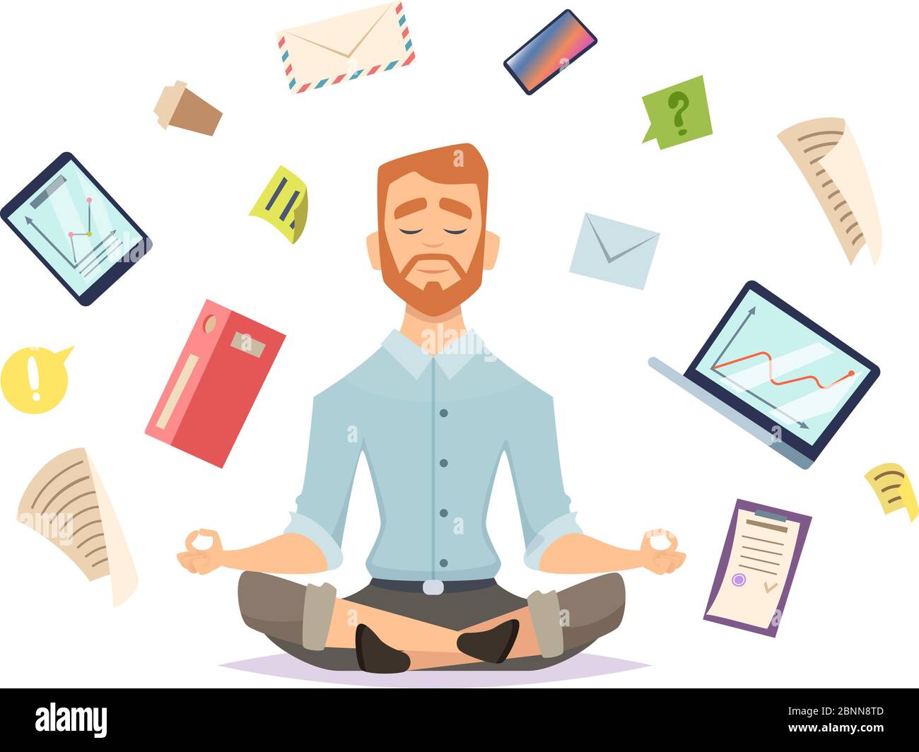 Business Yoga Concept Office Zen Relax Concentration At Workspace Table Yoga Practice Vector