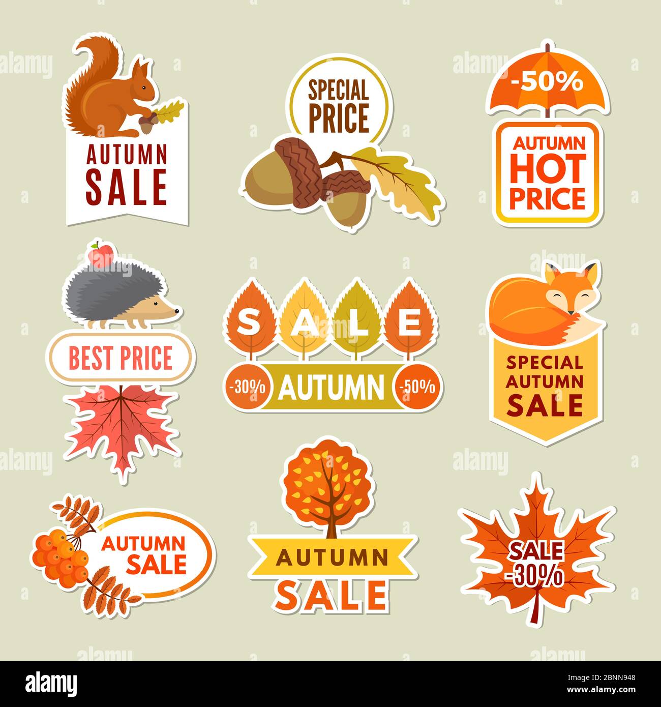 Labels and badges of autumn. Discount stickers of autumn big sales with fox, acorn hedgehog and rowan. Vector orange and yellows leaves Stock Vector