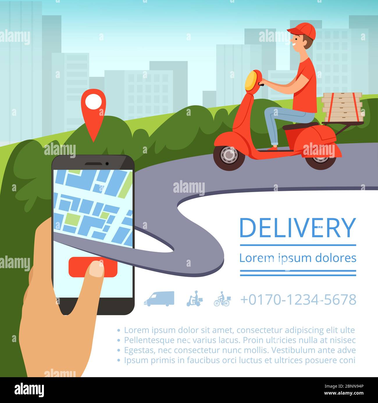 Order delivery online. Shipment tracking system mobile delivery man motorcycle fast shipping pizza box urban landscape. Vector picture Stock Vector