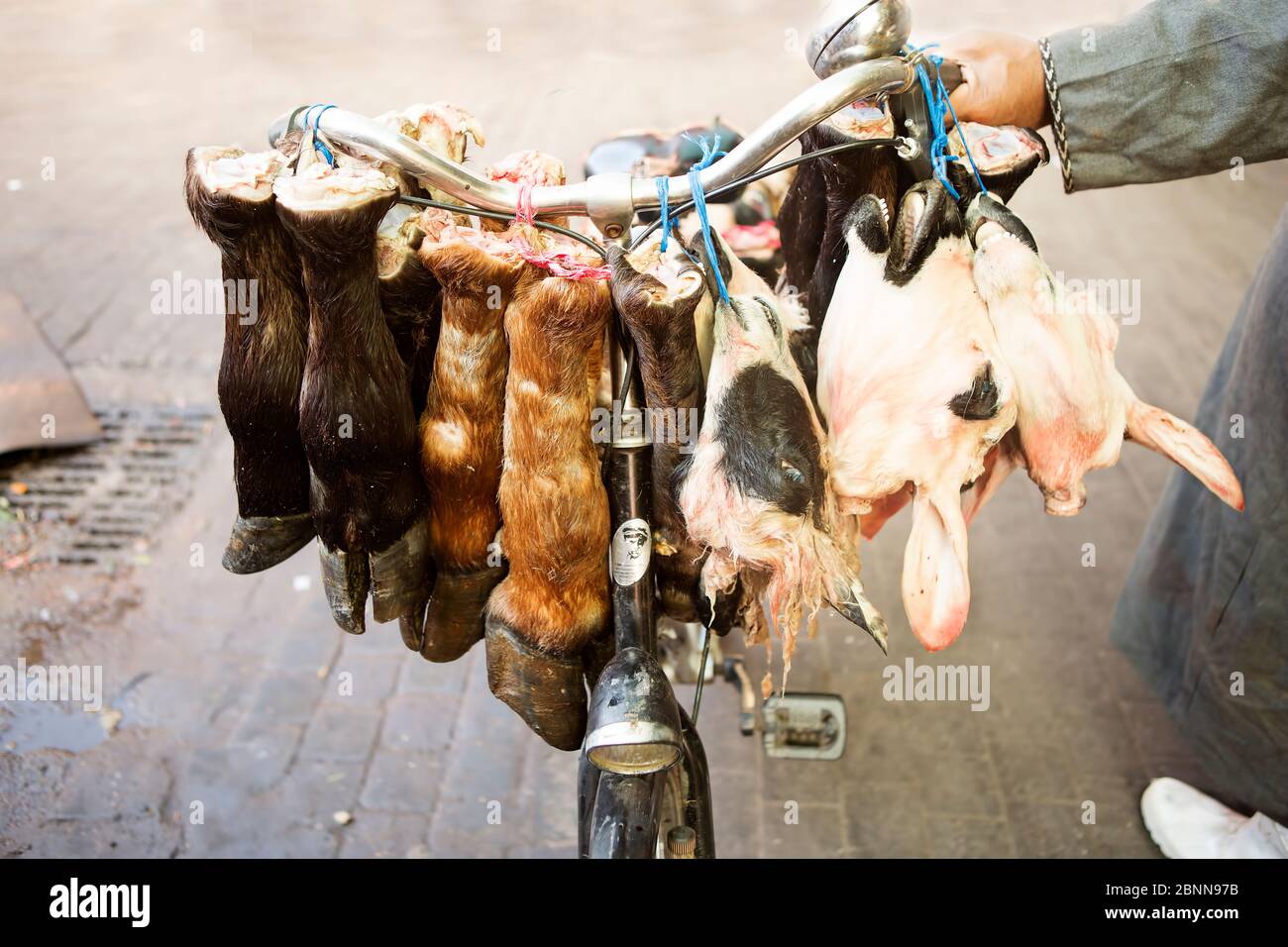 Pieces of cow meat hang on the bicycle, Morocco Stock Photo