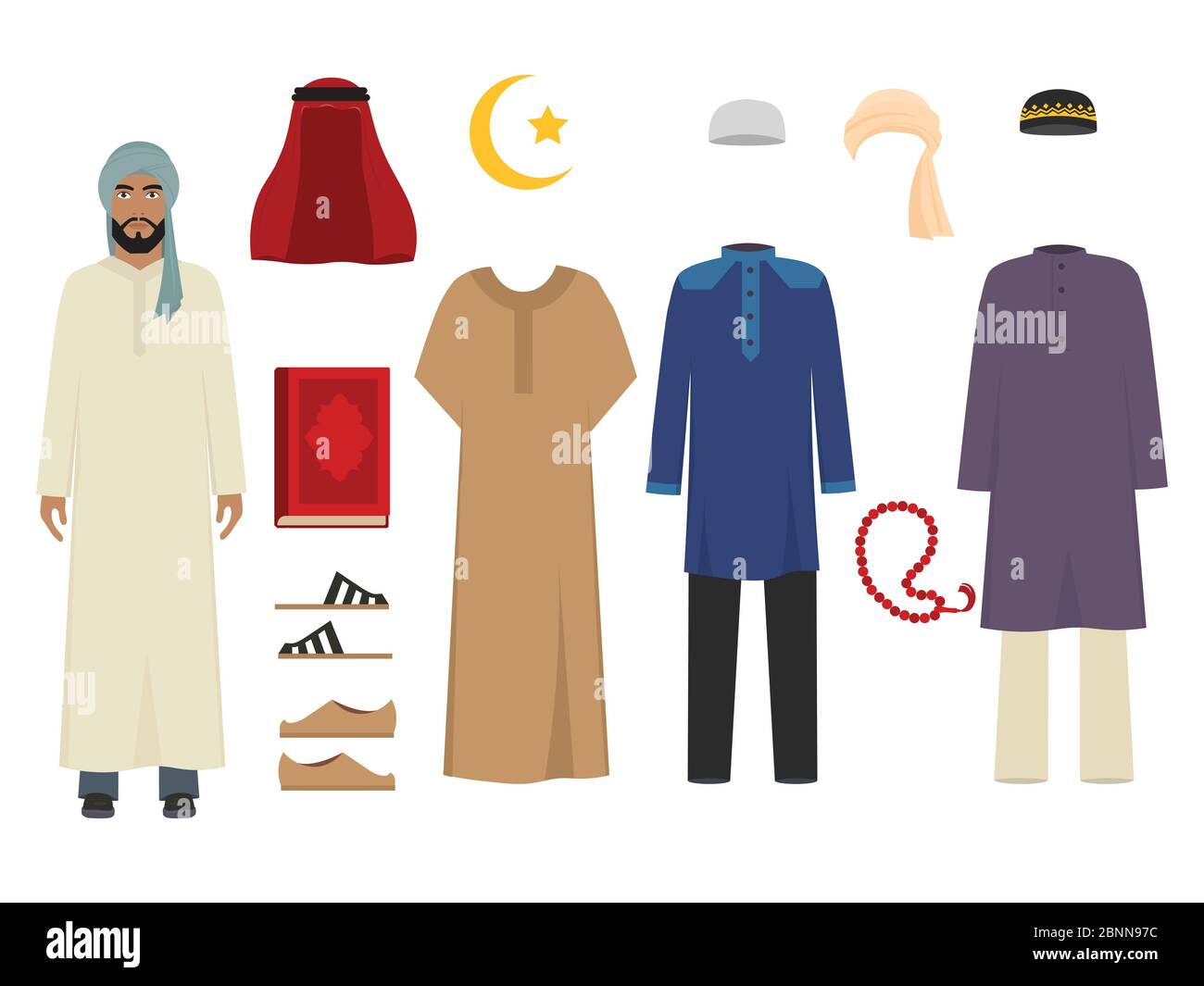 Arabic man clothes. National islamic fashion of male costumes wardrobe items muslim iranian and turkish sultan vector illustrations Stock Vector
