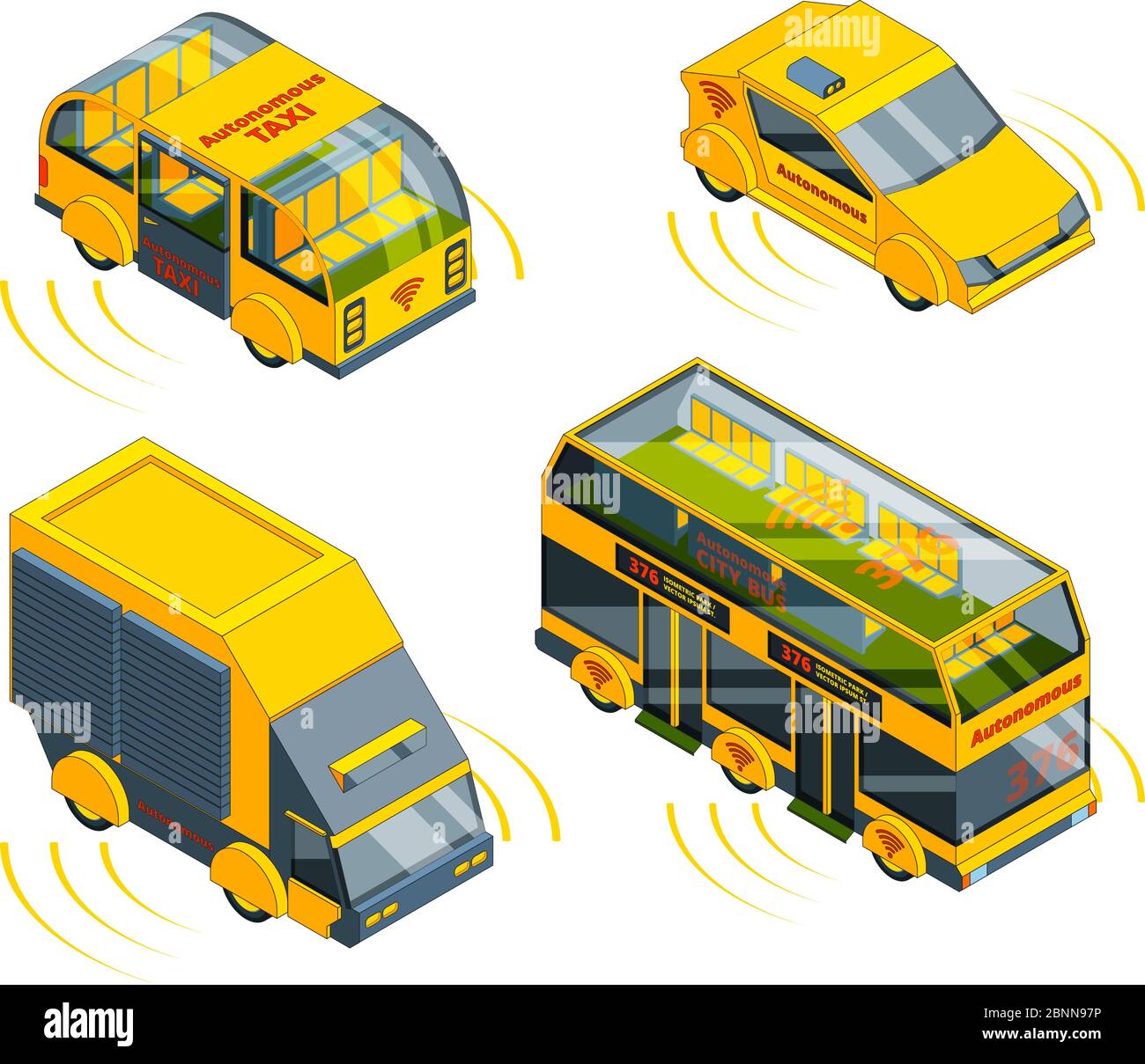 Autonomous vehicle. Unmanned transport at road emergency cars train taxi and buses isometric vector pictures Stock Vector