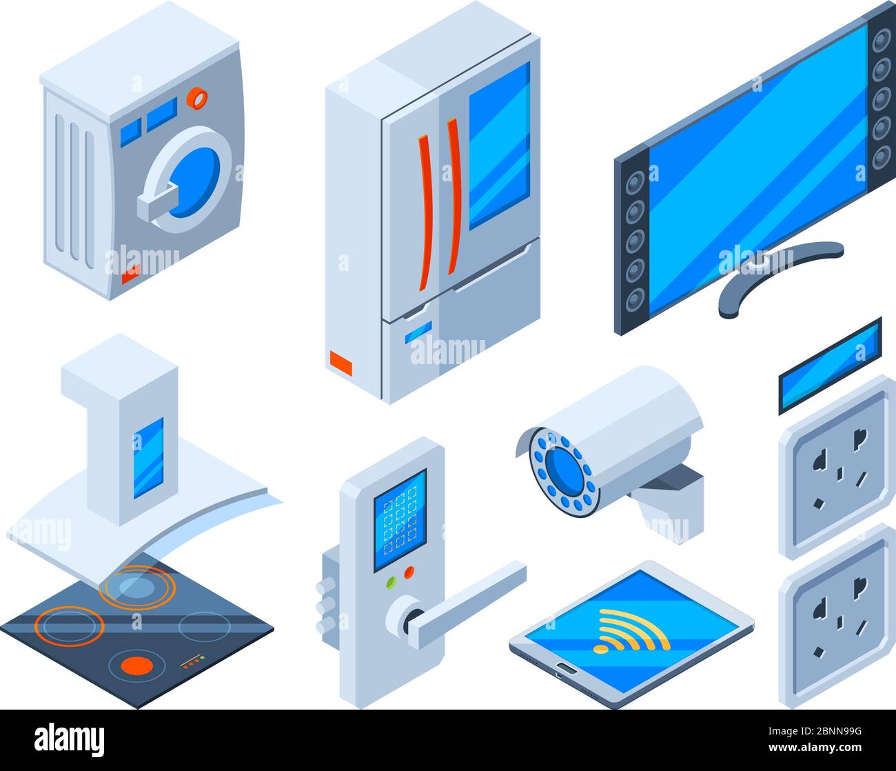 Smart internet objects. Household appliances speakers clocks microwave control future technologies web objects vector isometric Stock Vector