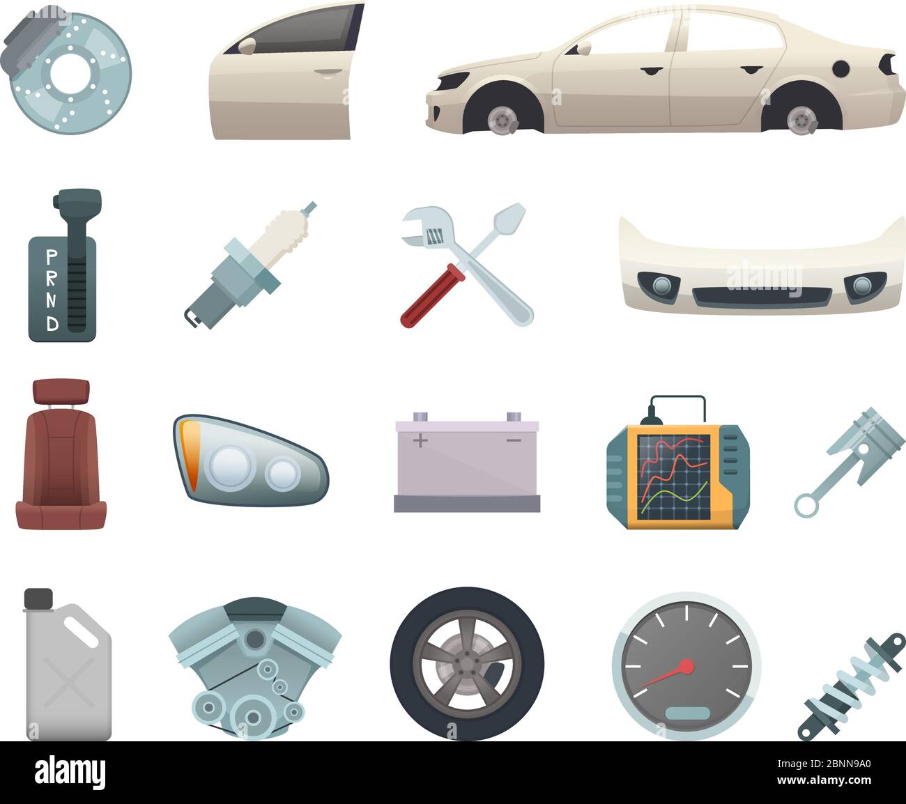 Car parts. Automobile creation kit with gear wheels disc engine transmission steel white door brown seat and headlight vector icons Stock Vector