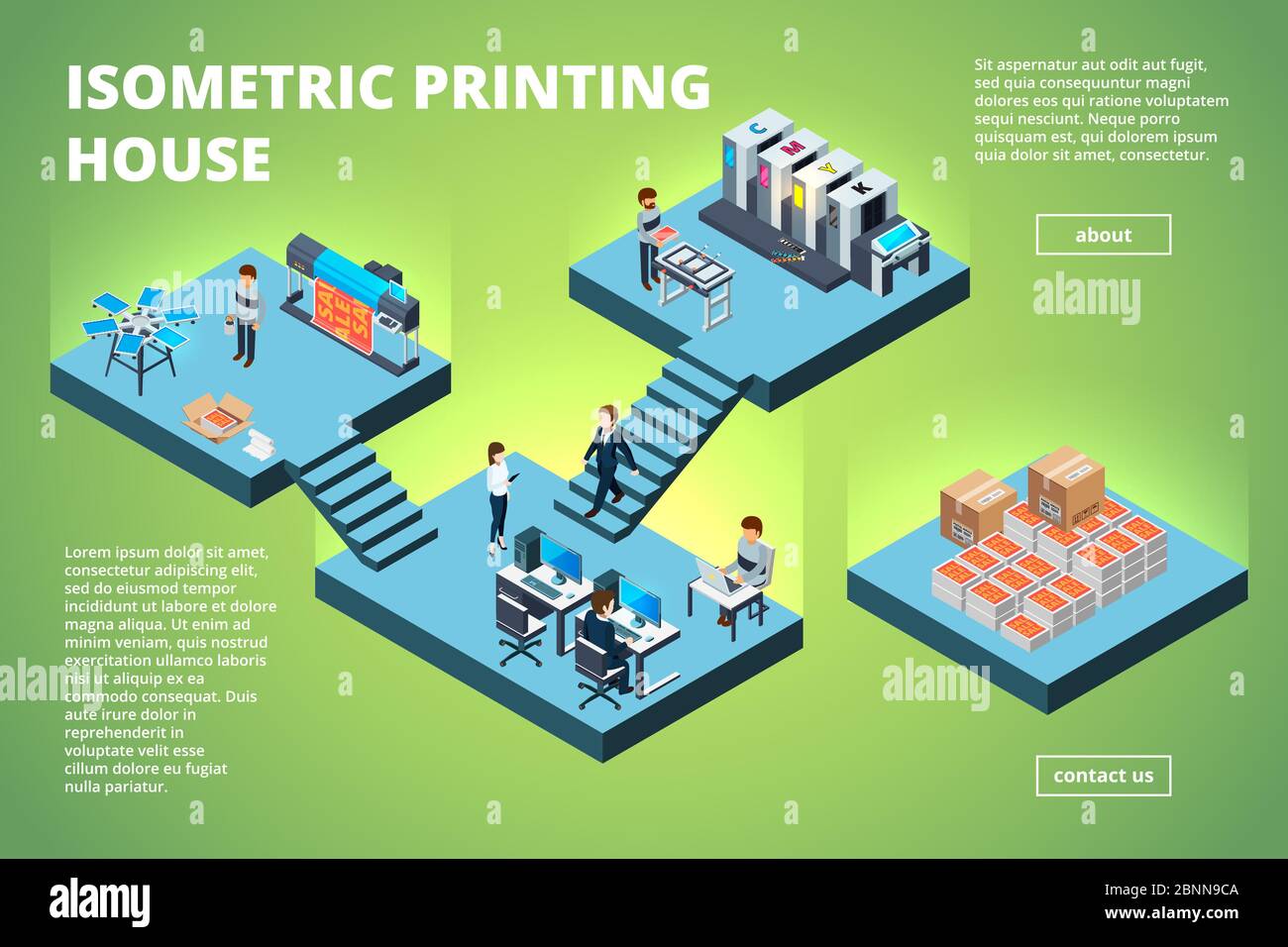 Printing house building. Industrial print production office interior inkjet offset publishing machines copier printer vector isometric Stock Vector