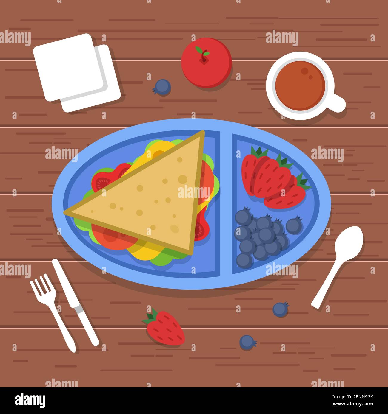 Lunch box on table. Place to eat food container sandwiches sliced fresh healthy fruits vegetables for dinner breakfast. Vector pictures Stock Vector