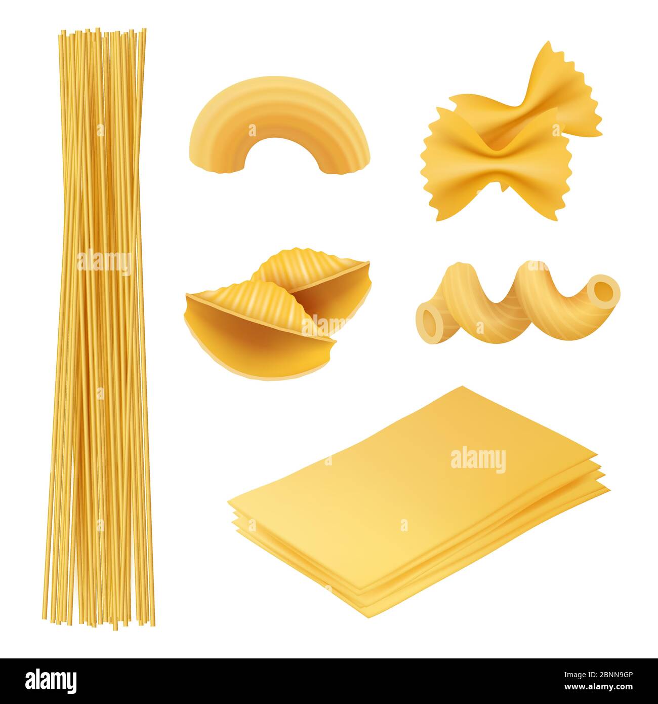 Various types and shapes pasta, noodles and macaroni with cereal ear  realistic vector illustration set isolated on white. Italian national  cuisine traditional ingredient. Natural healthy eating food Stock Vector