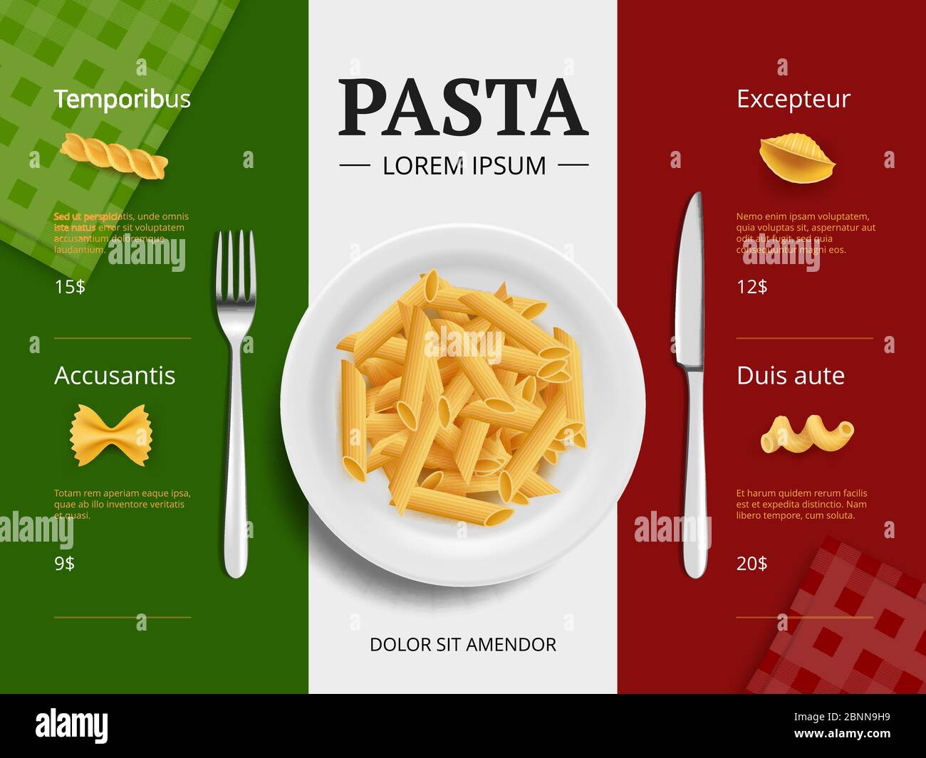 Italian menu cover. Pasta on plate delicious restaurant food macaroni  spaghetti cooking ingredients vector placard template top view Stock Vector  Image & Art - Alamy