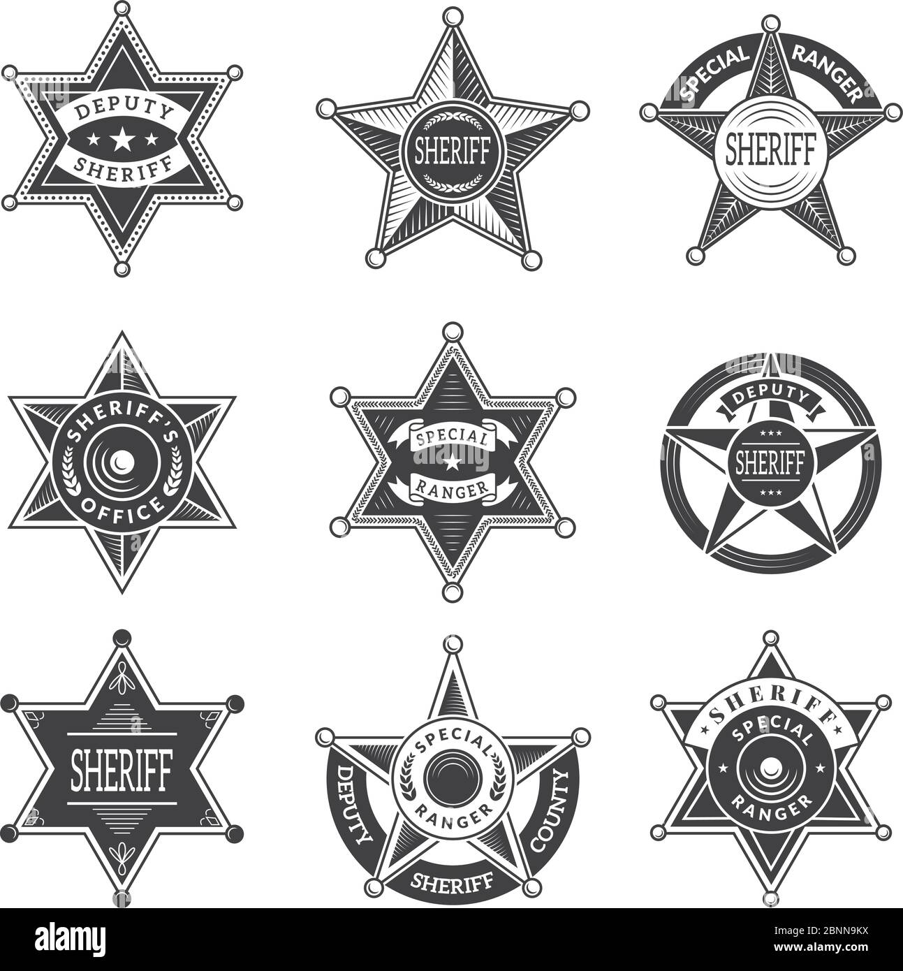 Sheriff stars badges. Western star texas and rangers shields or logos vintage vector pictures Stock Vector