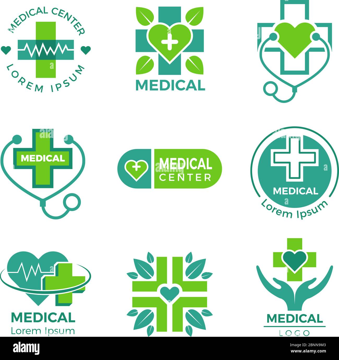 Medical logotypes. Medicine pharmacy clinic or hospital cross plus health care vector symbols design template Stock Vector