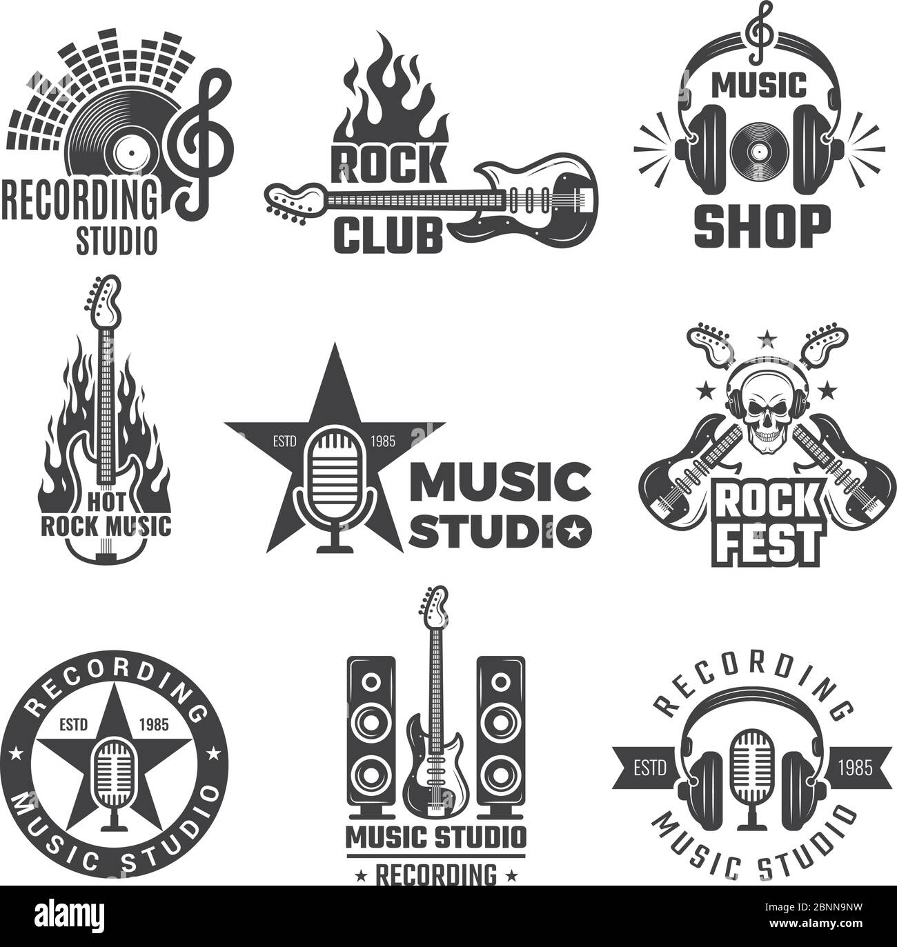 Black music labels. Vintage vinyl cover record microphone and headphones vector symbols for music logotypes or badges records company Stock Vector