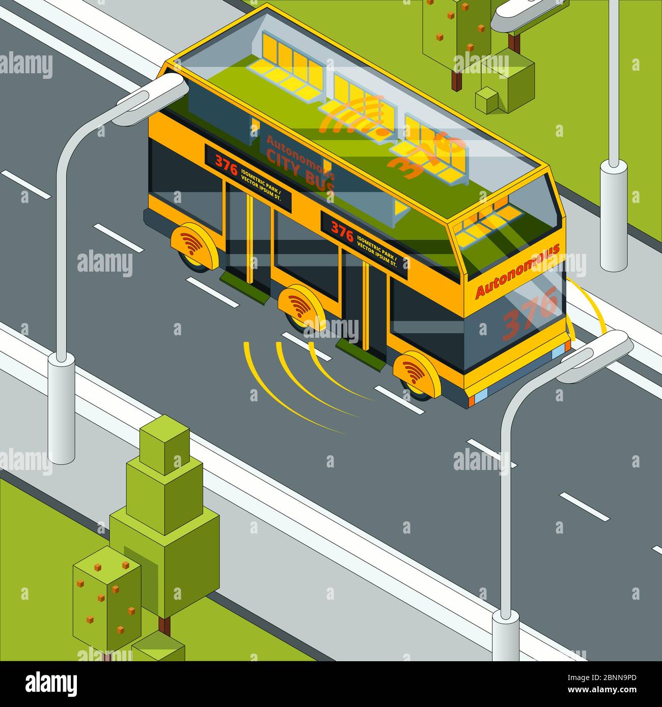 Self driving car. Autonomous vehicle at road concept picture of self control automotive system in automobile vector isometric Stock Vector