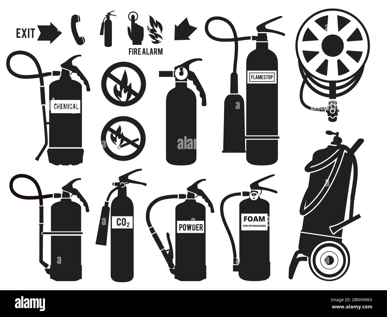 Silhouette of fire extinguisher. Flame protection symbols foam Monochrome vector pictures set of fire station equipment Stock Vector