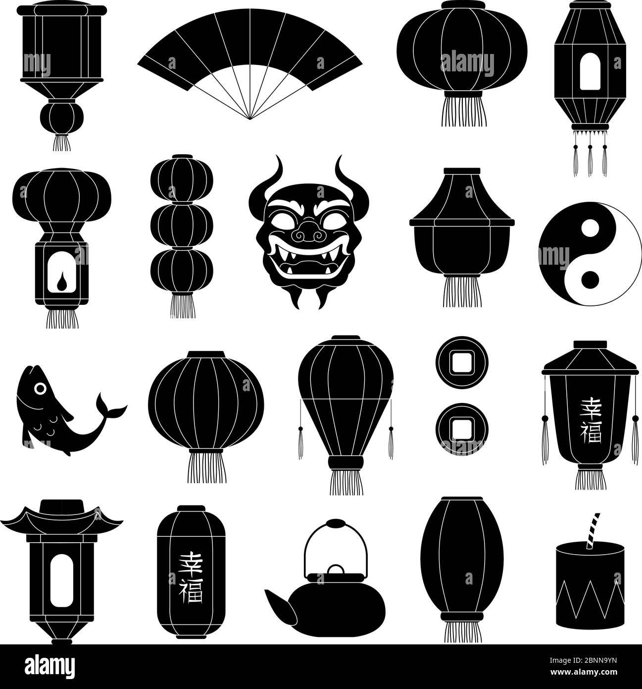Chinese symbols silhouettes. Asian paper lanterns mask of dragon fish traditional china festive black vector illustrations Stock Vector