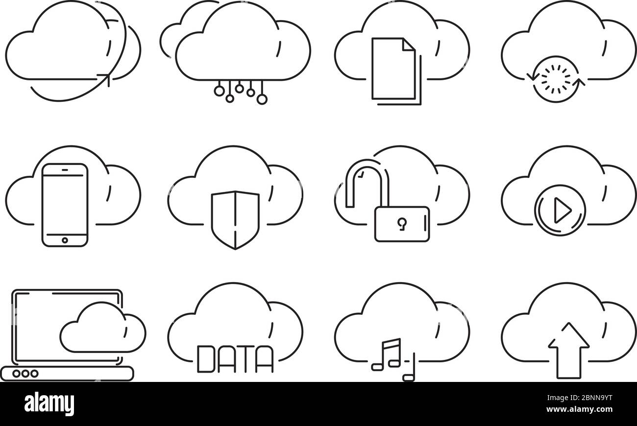 Cloud computing icons. Secure web online storage with private information internet ftp infrastructure connected vector symbols Stock Vector