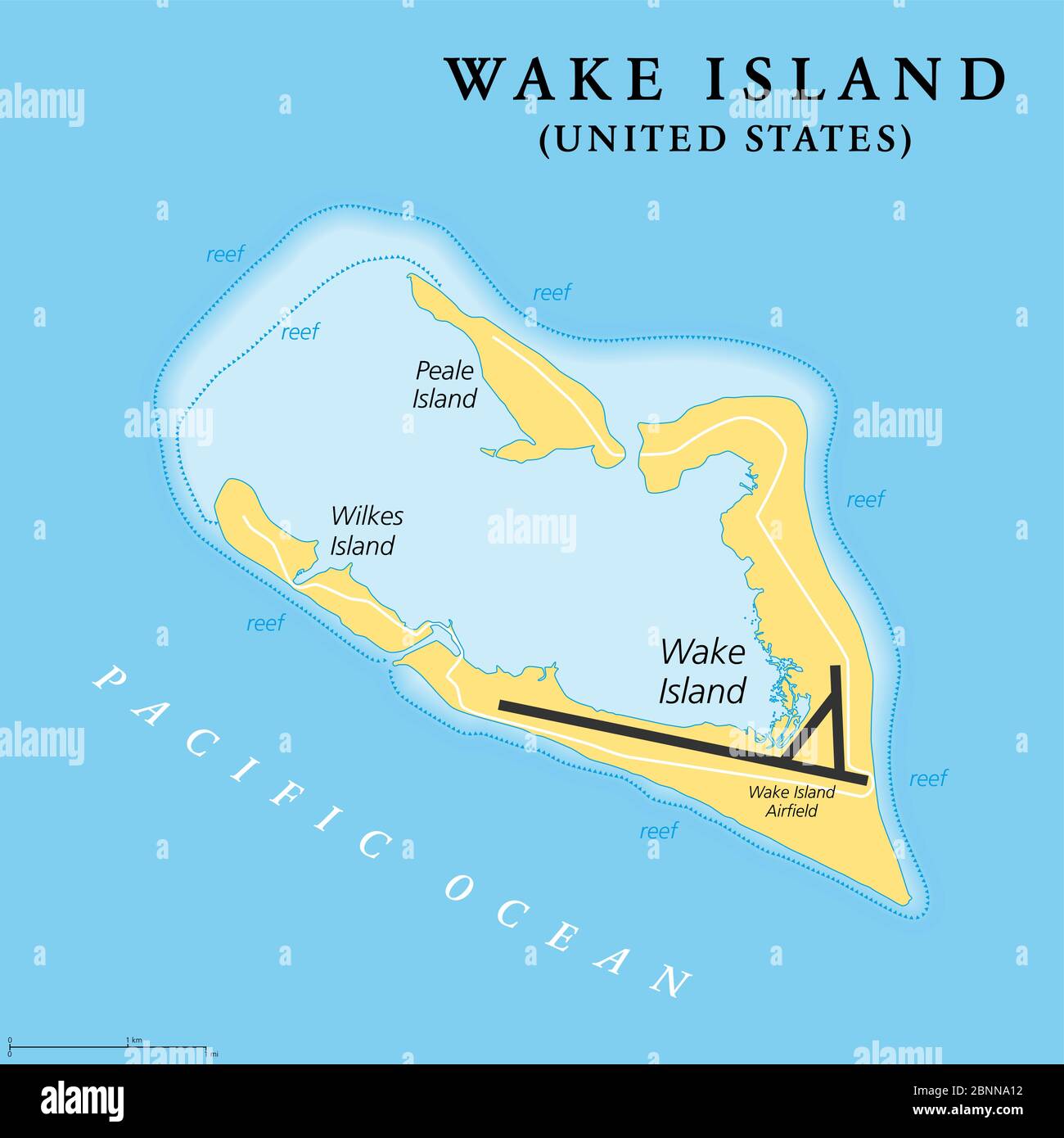 Wake Island, political map. Also called Wake Atoll, a coral atoll in the Pacific in the northeastern area of Micronesia. Stock Photo