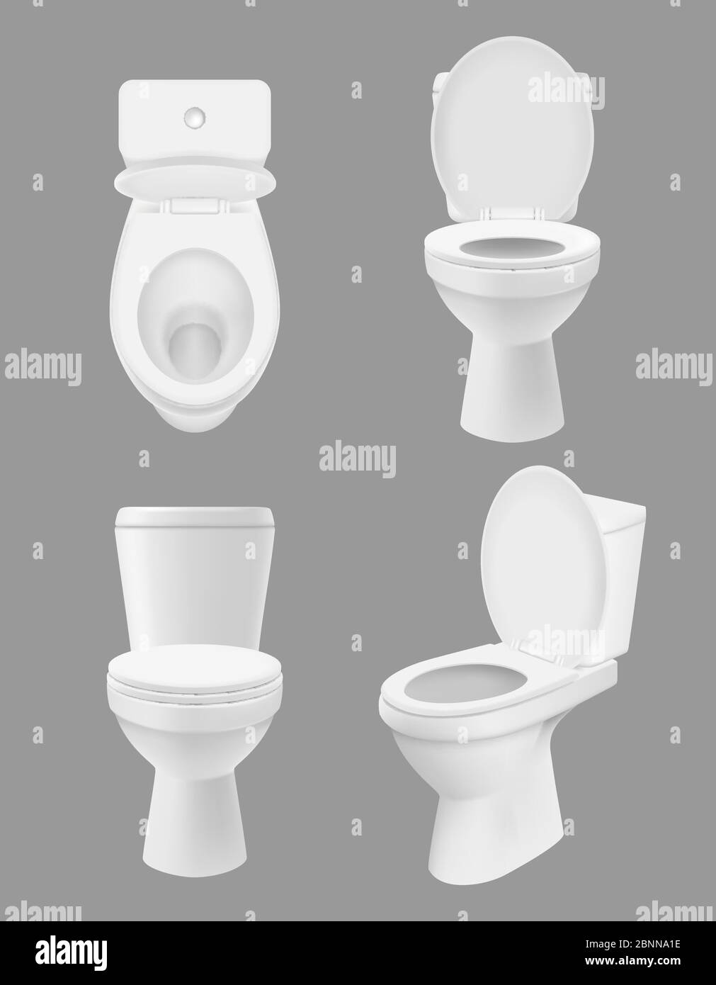 Realistic clean toilet. White bowls in bathroom or washing room various views of close up toilet