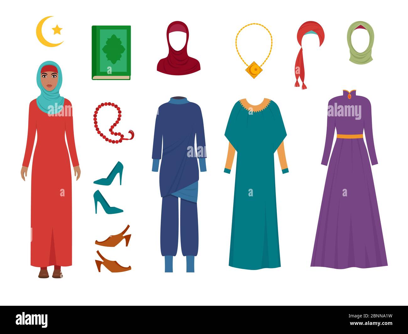 Arab women clothes. National islamic fashion female wardrobe items headscarf hijab dress iranian muslims turkish girls vector pictures Stock Vector