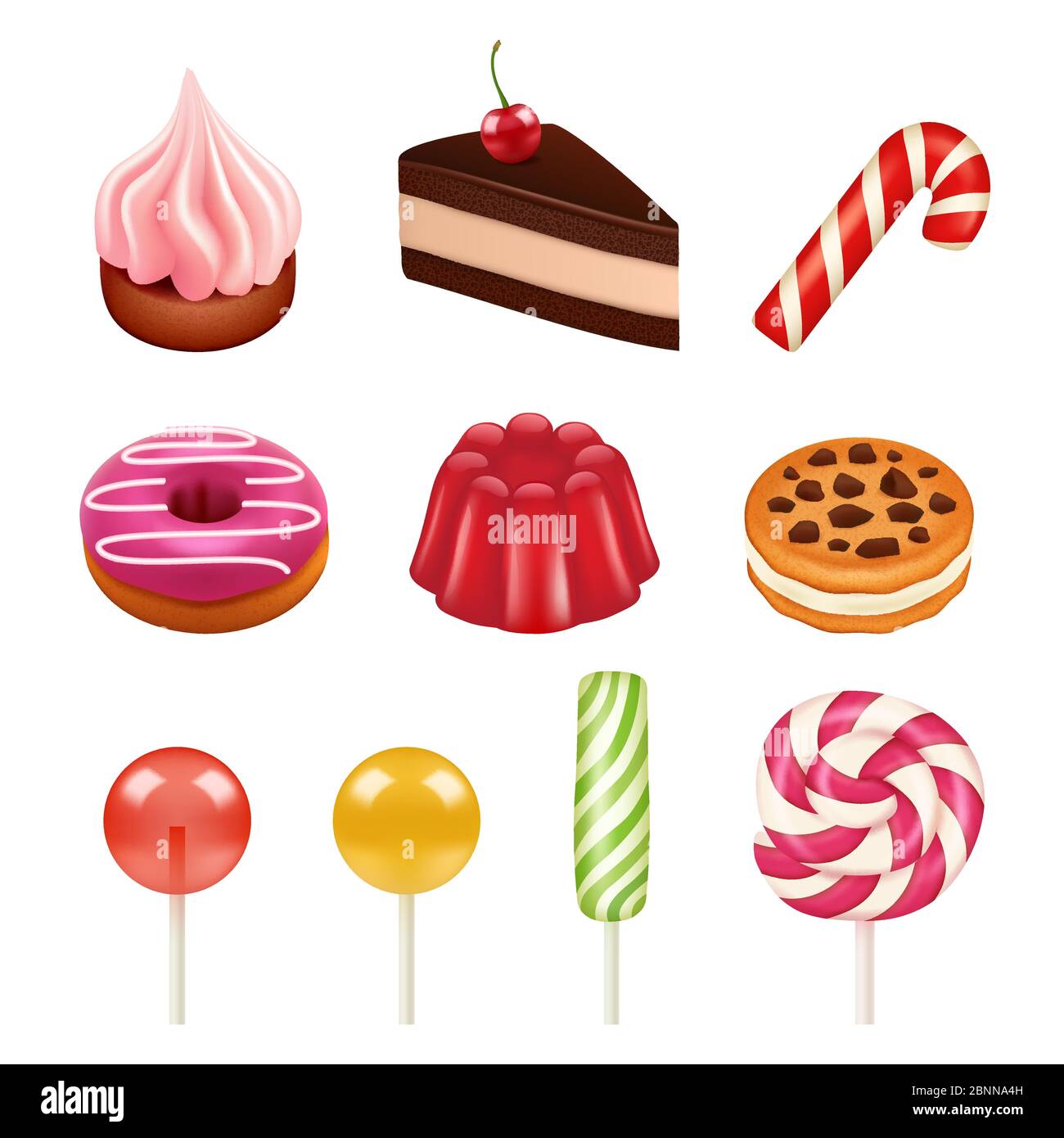 Sweets and candy pictures. Objects from sugar, dulce caramel candy and chocolate sweets vector illustrations isolate Stock Vector