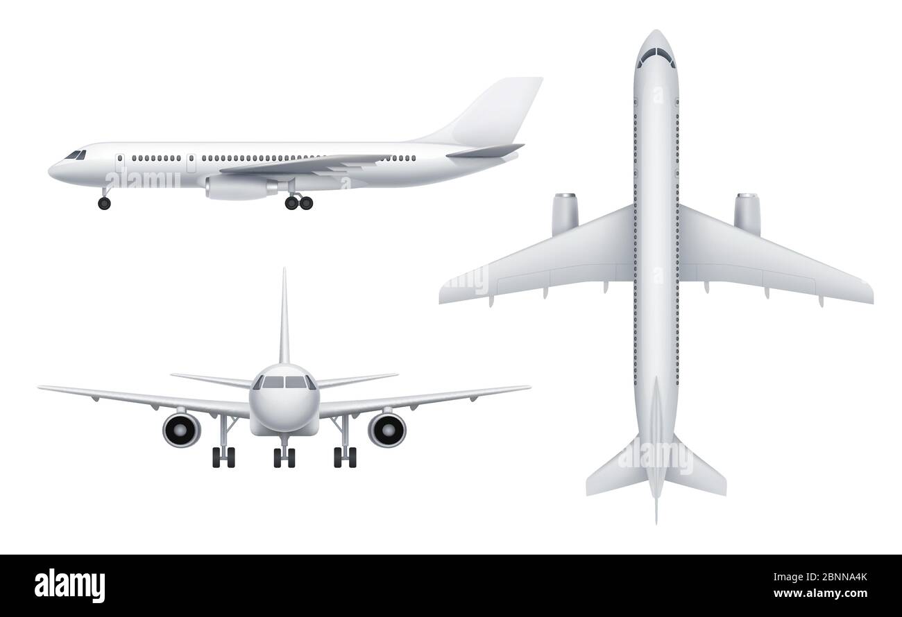 Civil aircraft views. Passenger white plane in various views fly transport realistic vector illustrations Stock Vector