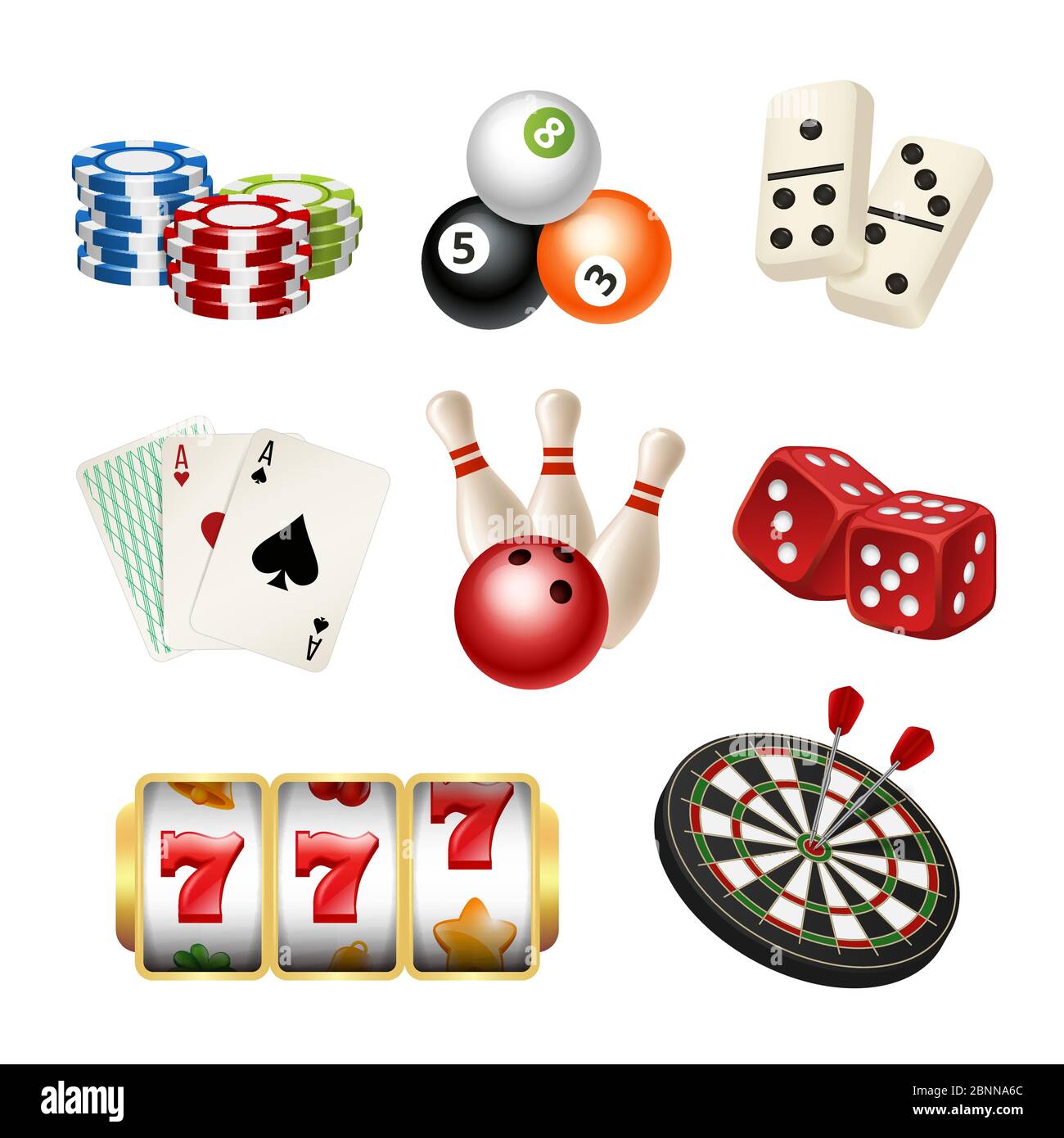 Casino game icons. Playing cards bowling domino darts dice vector realistic illustrations of play tools Stock Vector