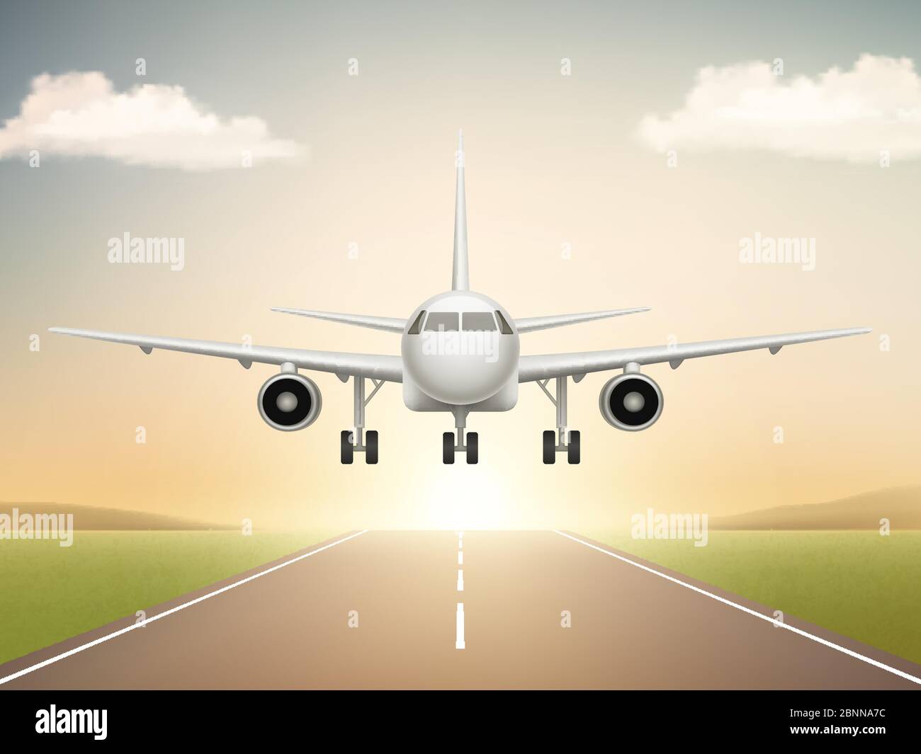 Jet aeroplane on runway. Aircraft takeoff from civil airline to blue sky realistic vector background illustrations Stock Vector