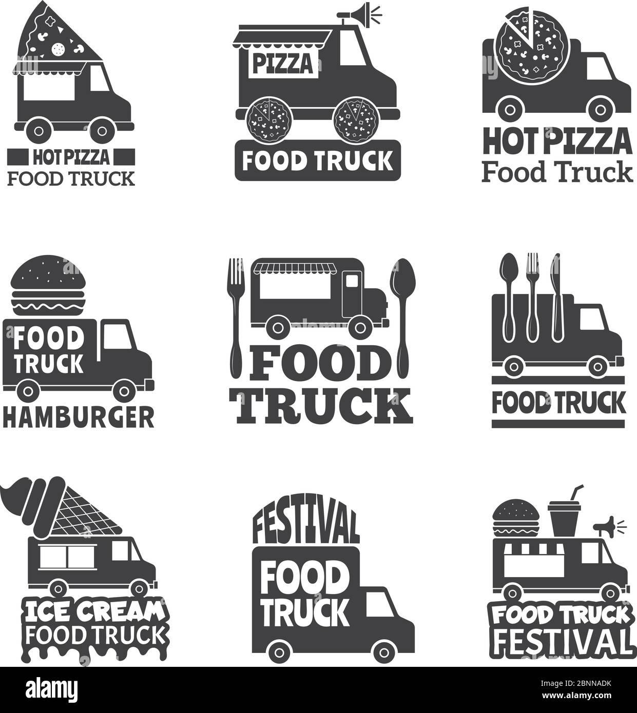Food truck car. Street catering fast delivery mobile van monochrome badges or vector logo Stock Vector