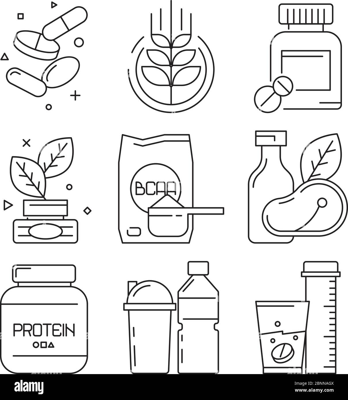 Sport medication icons. Whey multivitamin pills drinks supplement dietary fitness food vector linear symbols Stock Vector