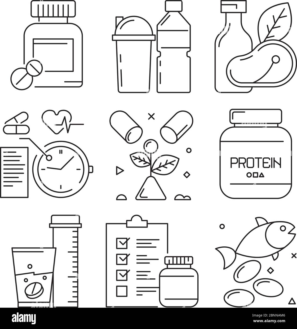 Fitness dietary icons. Sport activities food supplement health vitamins gym exercise well training vector line symbols Stock Vector