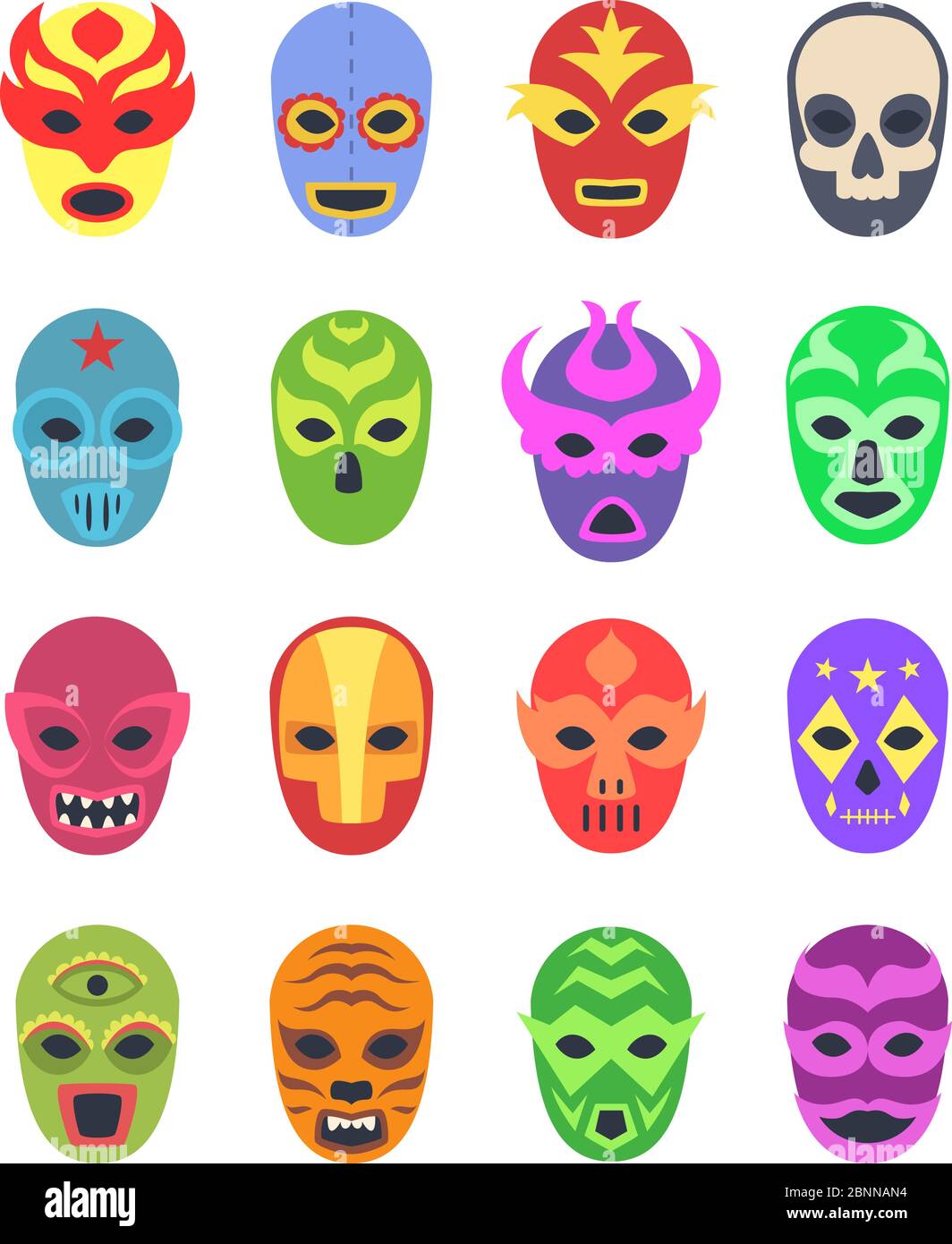 Wrestler masks. Mexican martial fighters sport clothes colored lucha libre masked vector collection Stock Vector