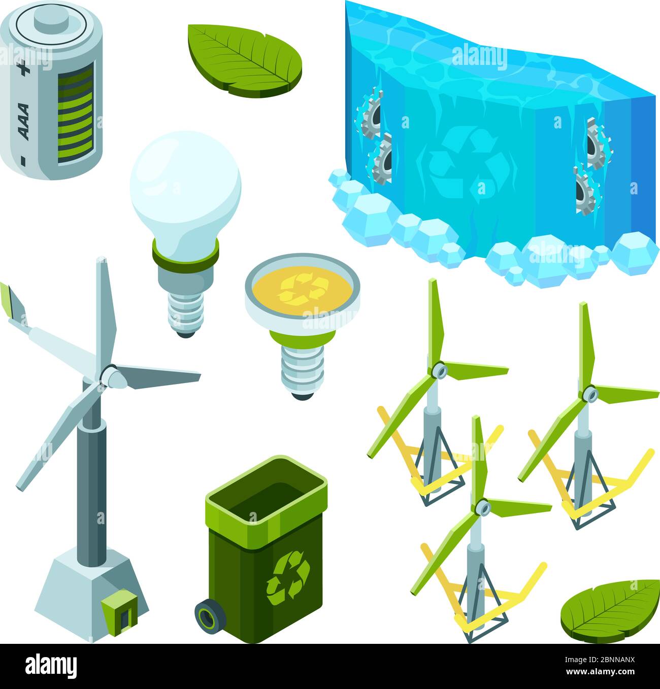 Green saving energy. Hydro power turbines ecosystem waste technology vector isometric illustrations Stock Vector