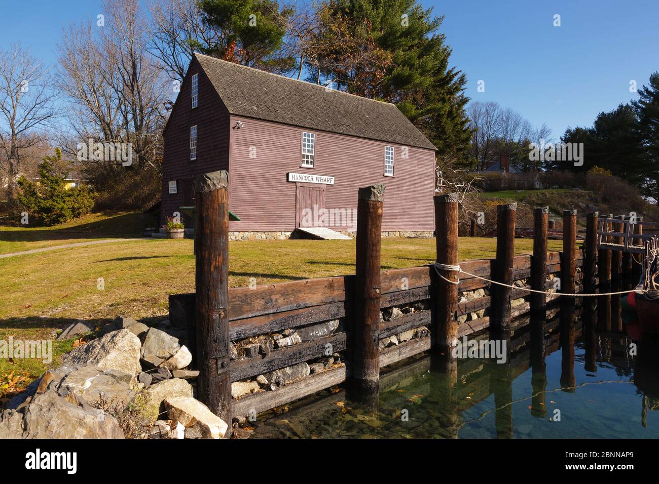 The John Hancock Warehouse and Wharf in York, Maine. Built in the 18th-century, and added to the National Registry of Historic Places in 1969, this is Stock Photo