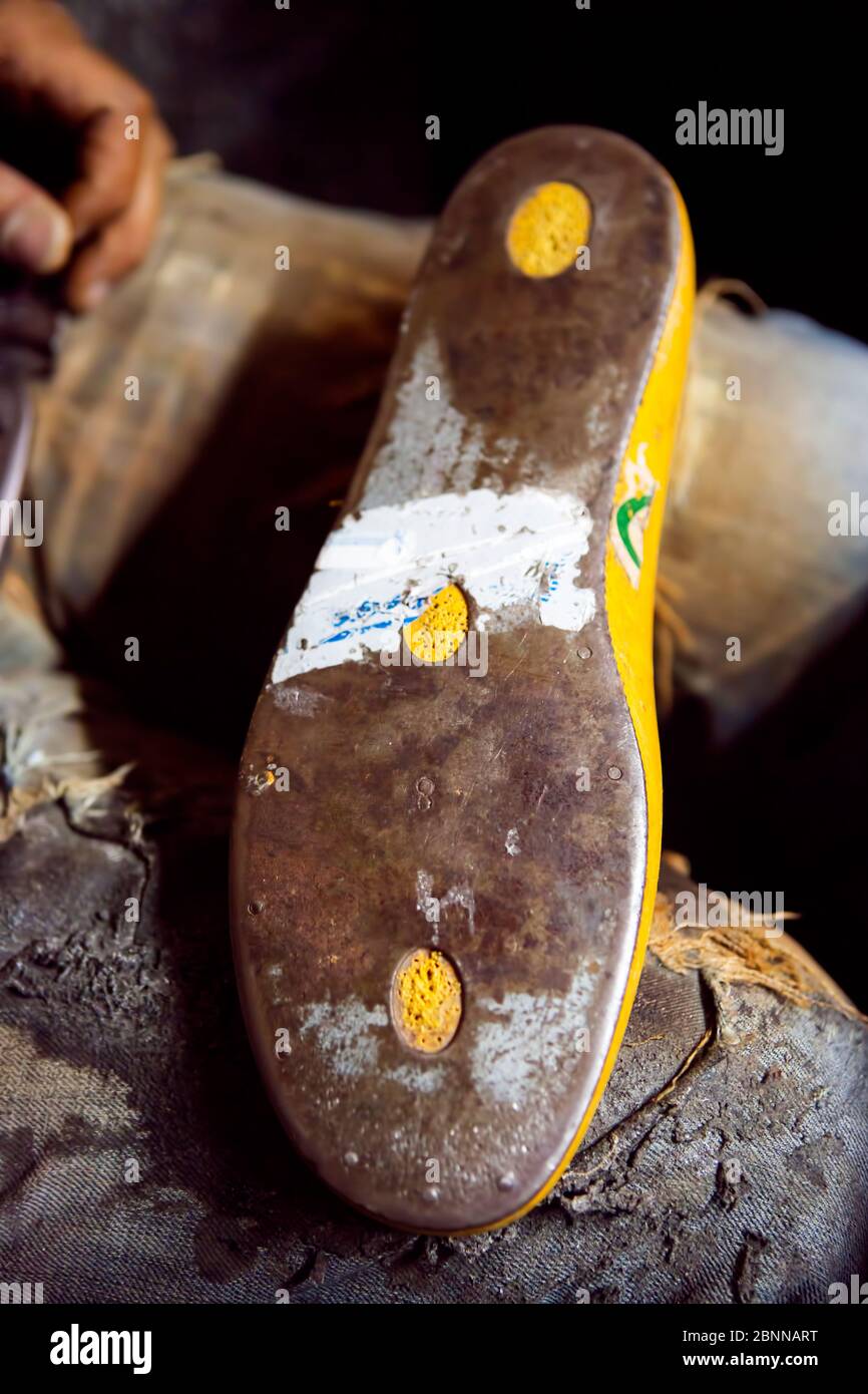Making shoes - shoemaker craftsmanship, Morocco Stock Photo